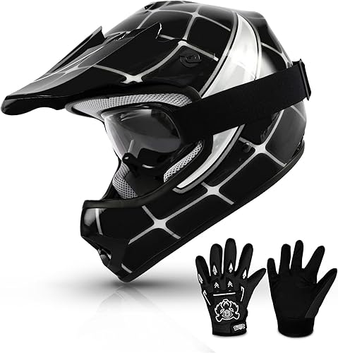 TCMT Dot - Casco juvenil de motocross todoterreno para motocicleta, casco de araña negra, casco juvenil, motocross, ATV + gafas + guantes S