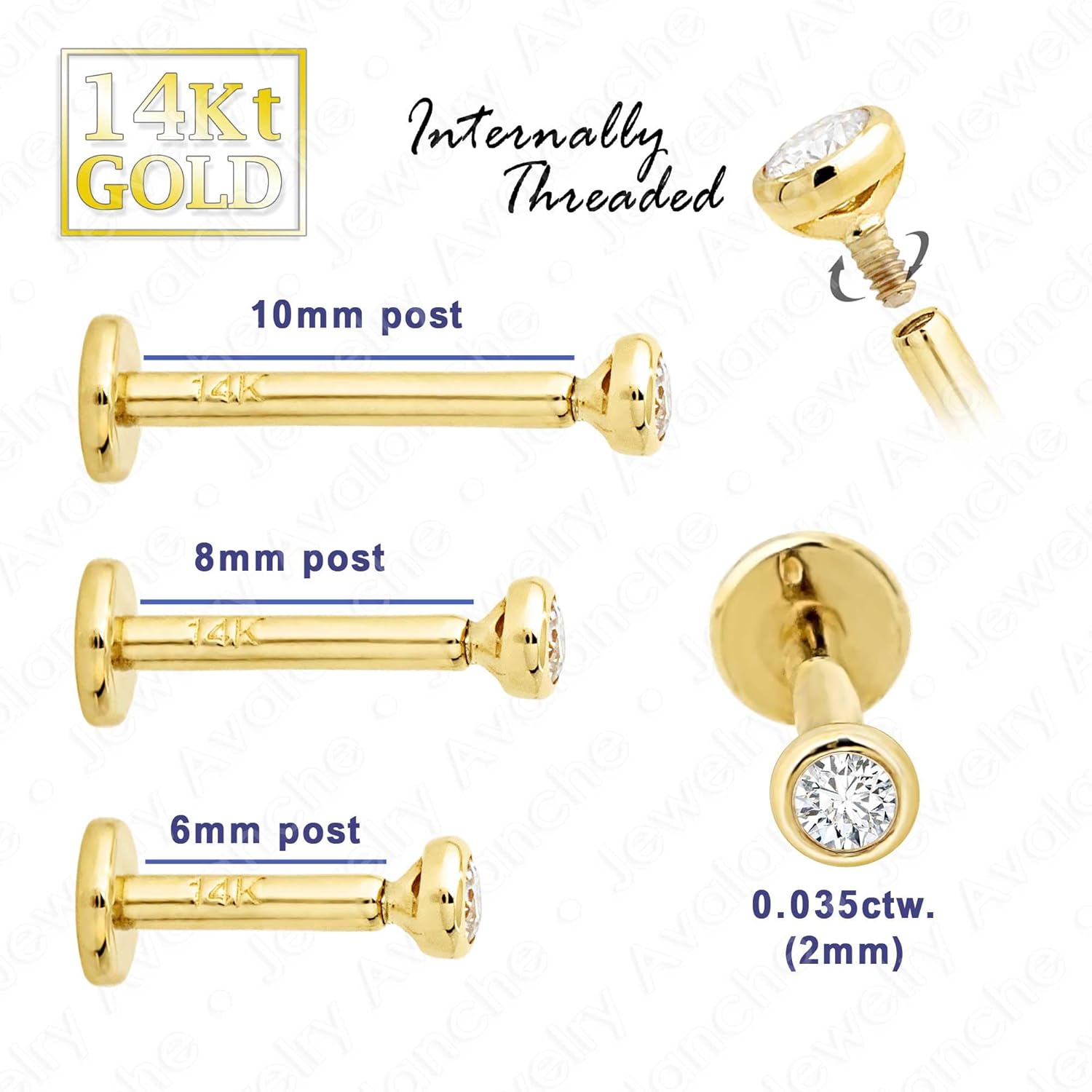 Jewelry Avalanche 16G 14K Yellow Gold Bezel Set 2mm (0.035ct) Diamond Labret Monroe Stud 6mm Post Flat Disk Bottom Lip Ring Tragus Stud Internally Threaded 14KLBRT-BZ20WD6YG