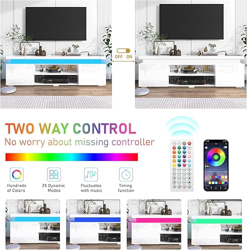 Miniatura 6 de Hlivelood Soporte de TV LED para TV de 75 pulgadas, moderno soporte de TV con toma de corriente, consola de TV de alto brillo con almacenamiento y