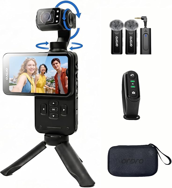 ORDRO M5 Pocket Camera 3 Axis Gimbal Stablization Vloging Camera with Mic | 5K Camcorder 3.5'' Flip Touchscreen,120° Wide-Angle Lens, IR ,Face Tracking, Auto Focus, Vlogs Camera for Vlogging
