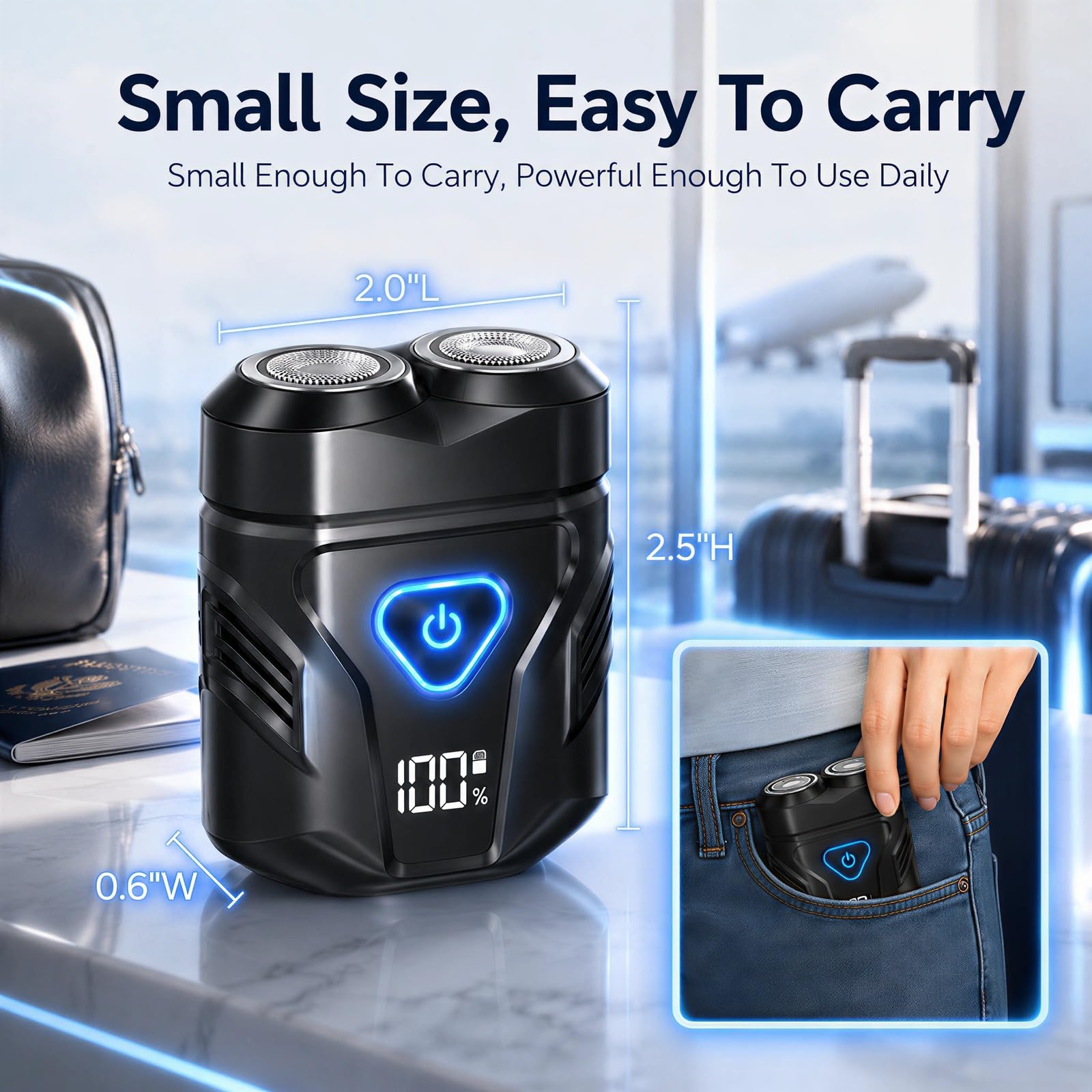 Mini rasoio elettrico portatile a doppia testa da uomo, ricaricabile tramite USB, rasoio compatto, impermeabile IPX7, uso bagnato a secco, essenziale da viaggio