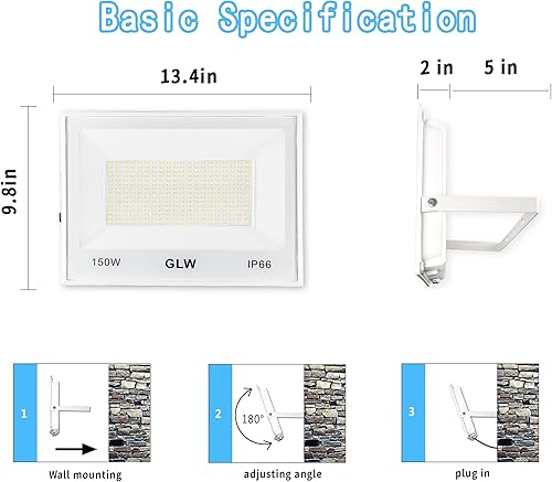 Miniatura 4 de Luz de inundación LED de 150 W IP66 impermeable súper brillante, 13,000 lm 6500 K, luz diurna blanca para exteriores, para garaje, parques