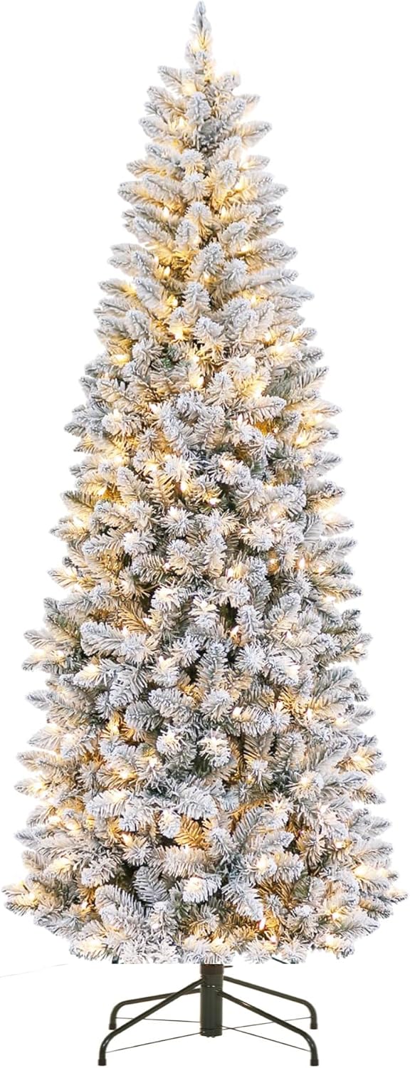 GarveeHome 7.5 ft Pencil Christmas Tree, Pre-Lit Frosted Artificial Tree, Skinny Xmas Trees Holiday Decoration, with LED Light and Metal Base