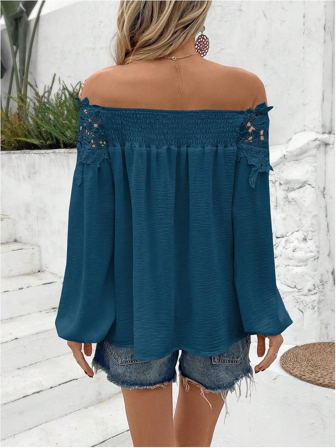 SweatyRocks Women's Off The Shoulder Lace Blouse Long Sleeve Casual Shirts Vacation Tops - Image 2