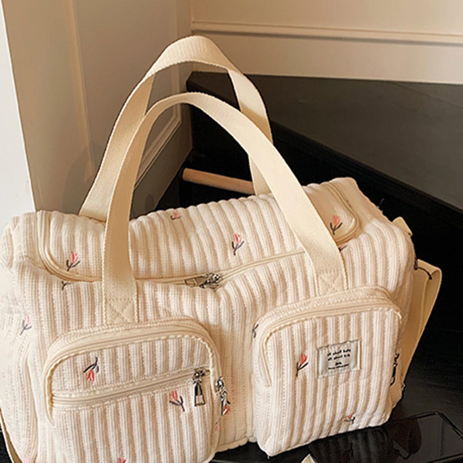 Bolso cambiador de pañales de bebé con bordado de dibujos animados, gran capacidad, organizador de algodón con correa para el hombro