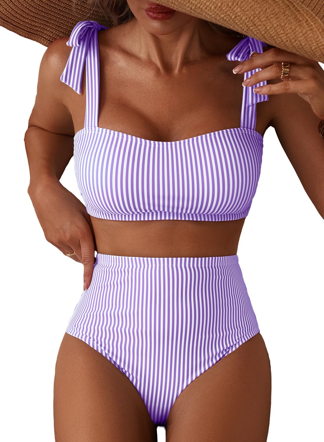 Herseas Women's Tie Shoulder Bikini Sets 2 Piece Striped Swimsuits High Waisted Bathing Suits