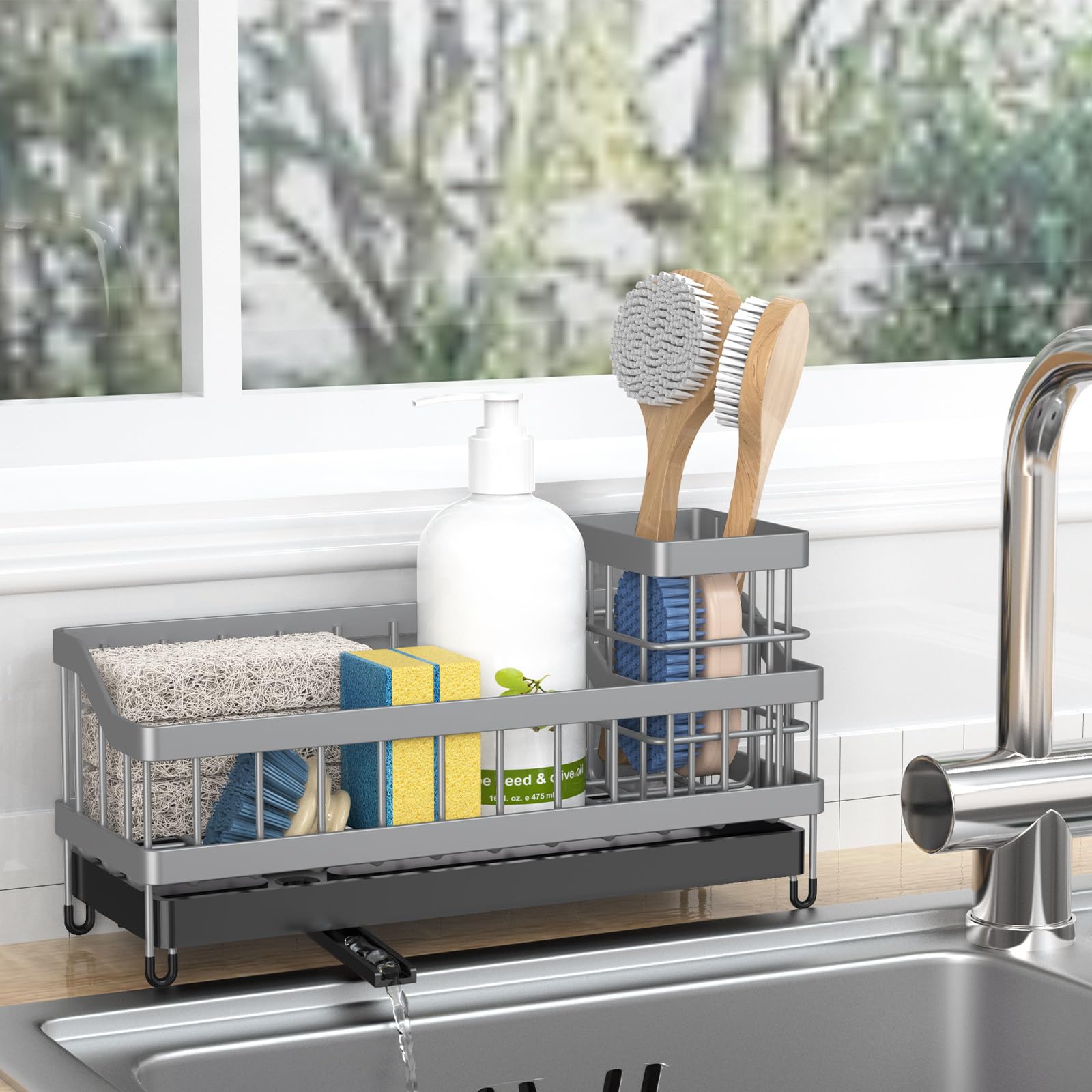 Huilaimi Grey Kitchen Sink Caddy Organizer, Sponge Holder With High Brush Holder, Rustproof And Strong, Anti Slip, Self Draining Spout Is Ideal，Keep Countertop Cleaning,