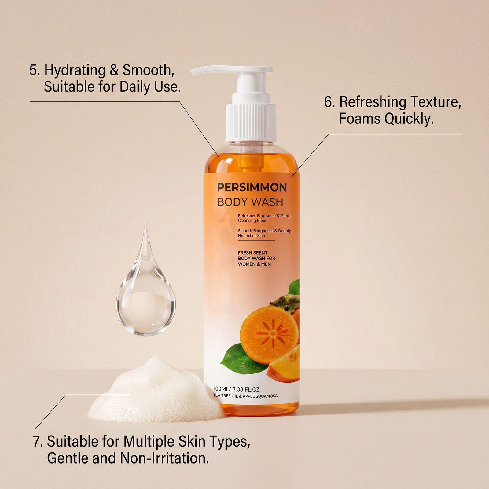 Gel de ducha desodorante con caqui, gel de ducha exfoliante natural, gel de ducha suave de limpieza, gel de ducha hidratante y duradero, gel de ducha regenerador y purificador Kaki (5 unidades)