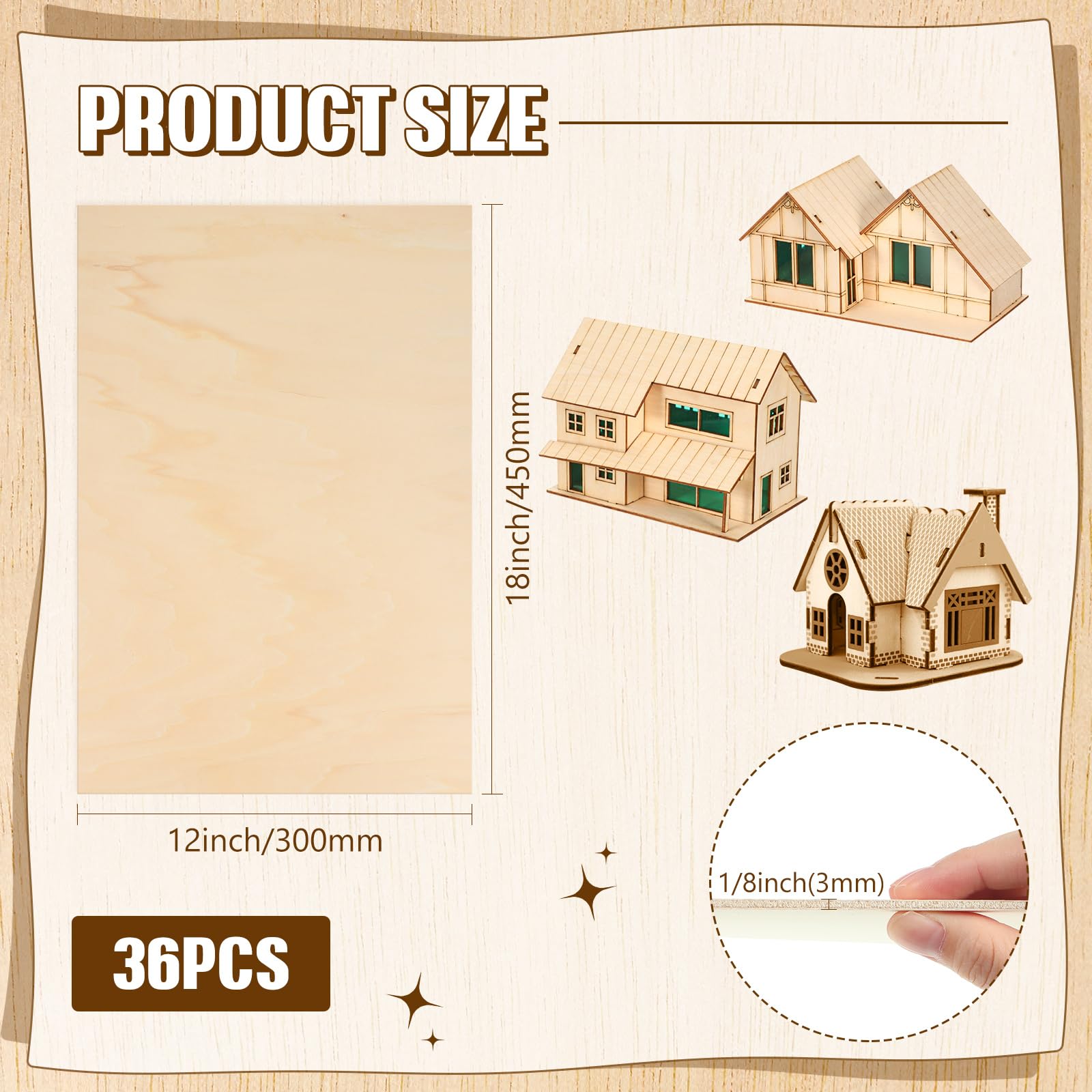 36 Pack Basswood Sheets Plywood Board 1/8 Inch Unfinished Wood Boards for Crafts for DIY Laser Projects Architectural Model Making Mini House Building Hobby Wood Burning (12 x 18 x 1/8 Inch)