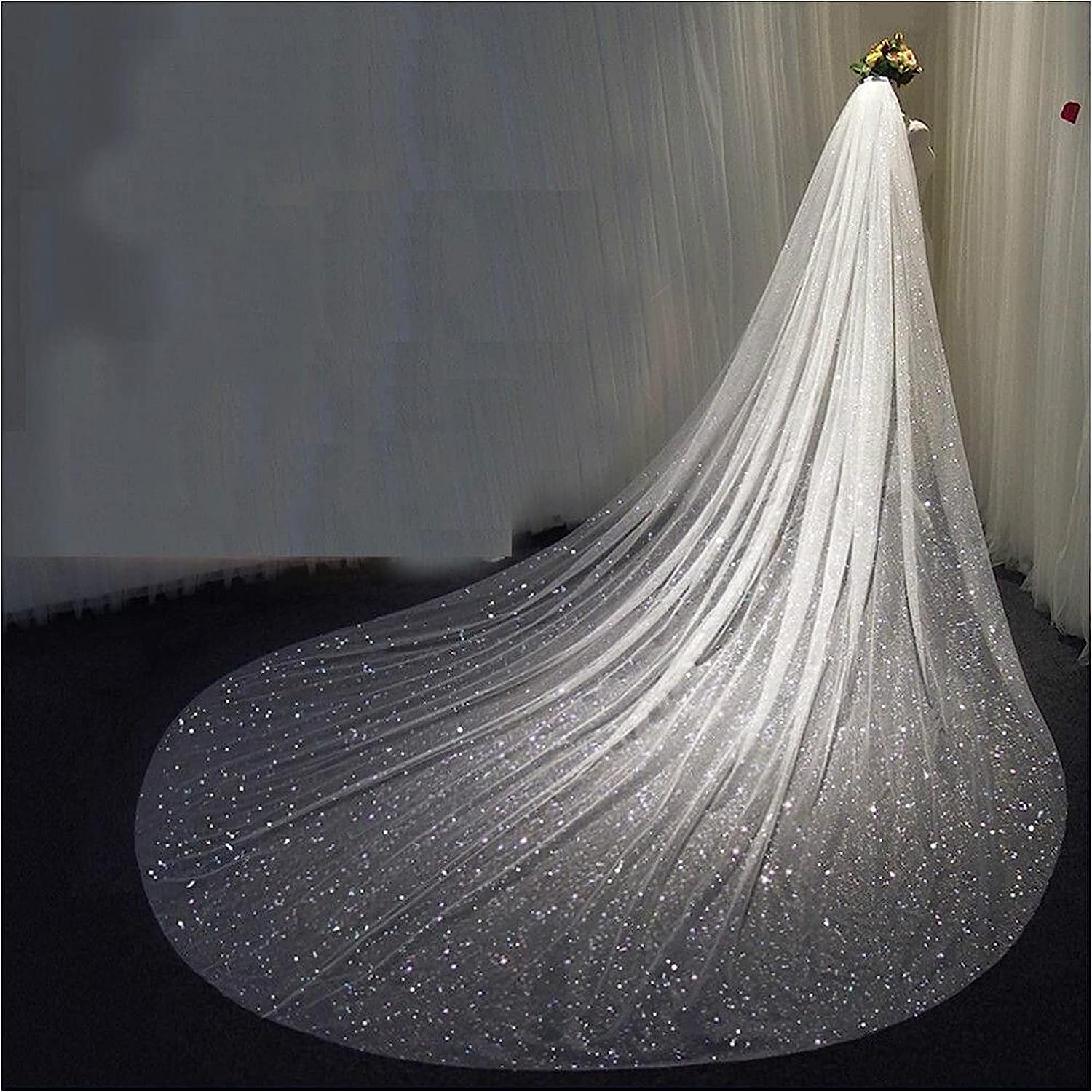 Dimeiyan White Wedding Veil, Sparkly Champagne Long Cathedral Sequined Bridal Veil With Comb Ribbon