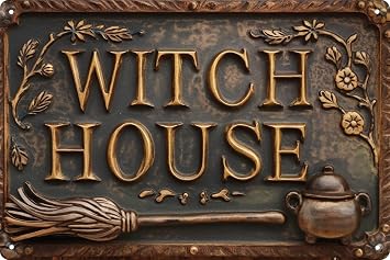Retro Witch House Tin Sign,Vintage Halloween Metal Signs,Witch Wall Decor for Magic Home, Garden, Cafes, Bar, Mistery Club 8X12 inches WITCH-04