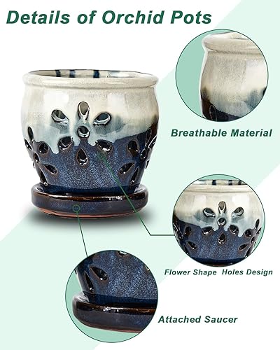 Miniatura 3 de Macetas de cerámica para orquídeas de 4 pulgadas con agujeros y platillos, 2 macetas pequeñas de cerámica para trasplantar, macetas de jardín para