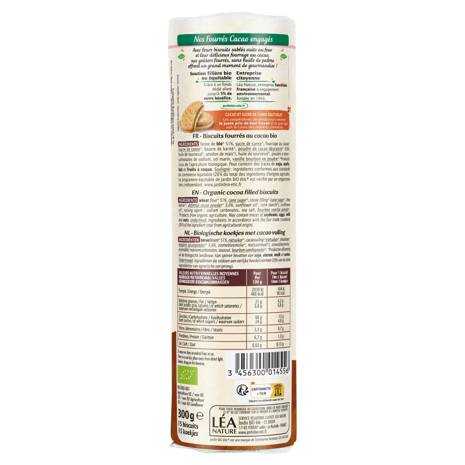 Goûter gourmand sans huile de palme — JARDIN BIO ETIC biscuits fourrés cacao bio, format 300g, 15 biscuits - Lot de 4
