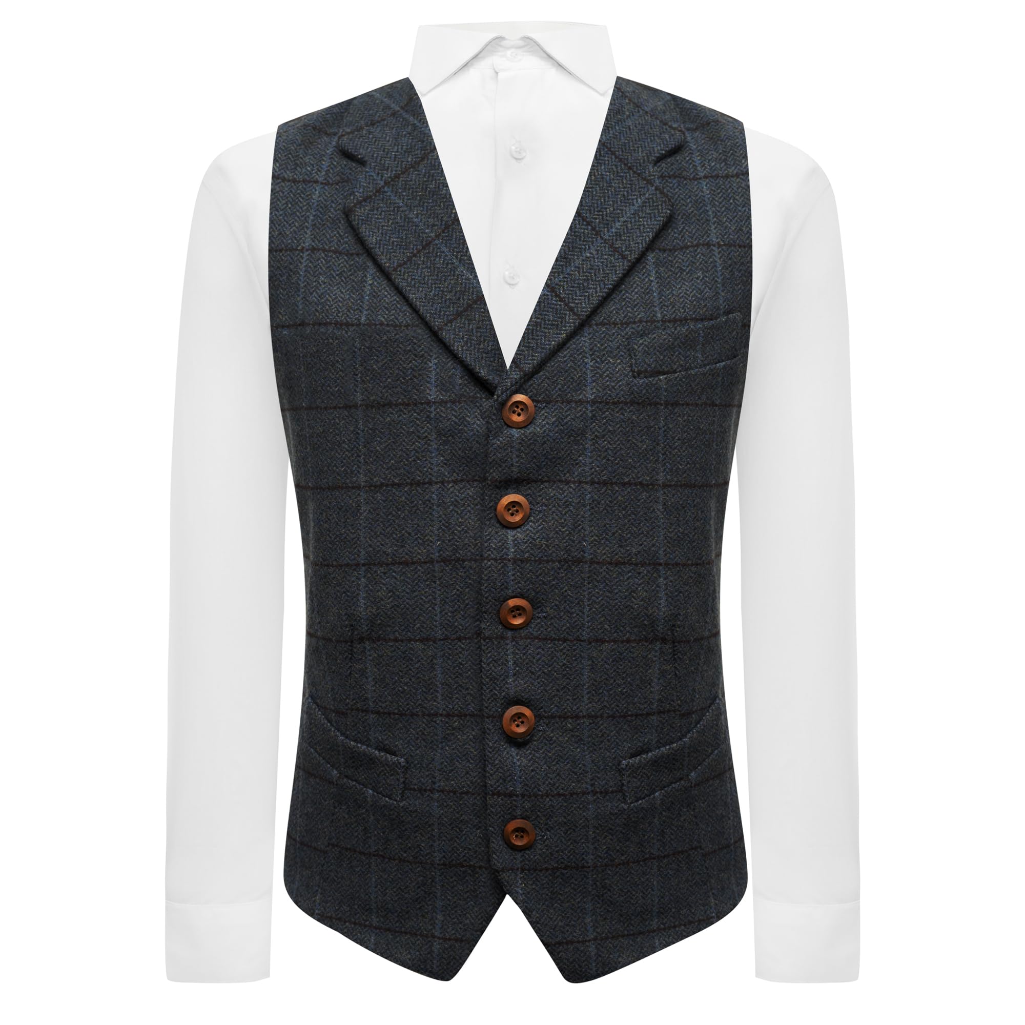 King & Priory Aegean Blue Herringbone Check Waistcoat With Lapel - XXXL