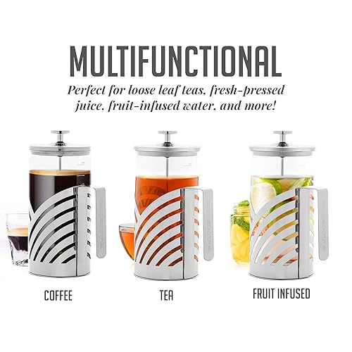 Miniatura 5 de OVENTE Cafetera de prensa francesa de 34 onzas con vidrio de borosilicato resistente al calor, diseño de acero inoxidable y sistema de filtro de 4