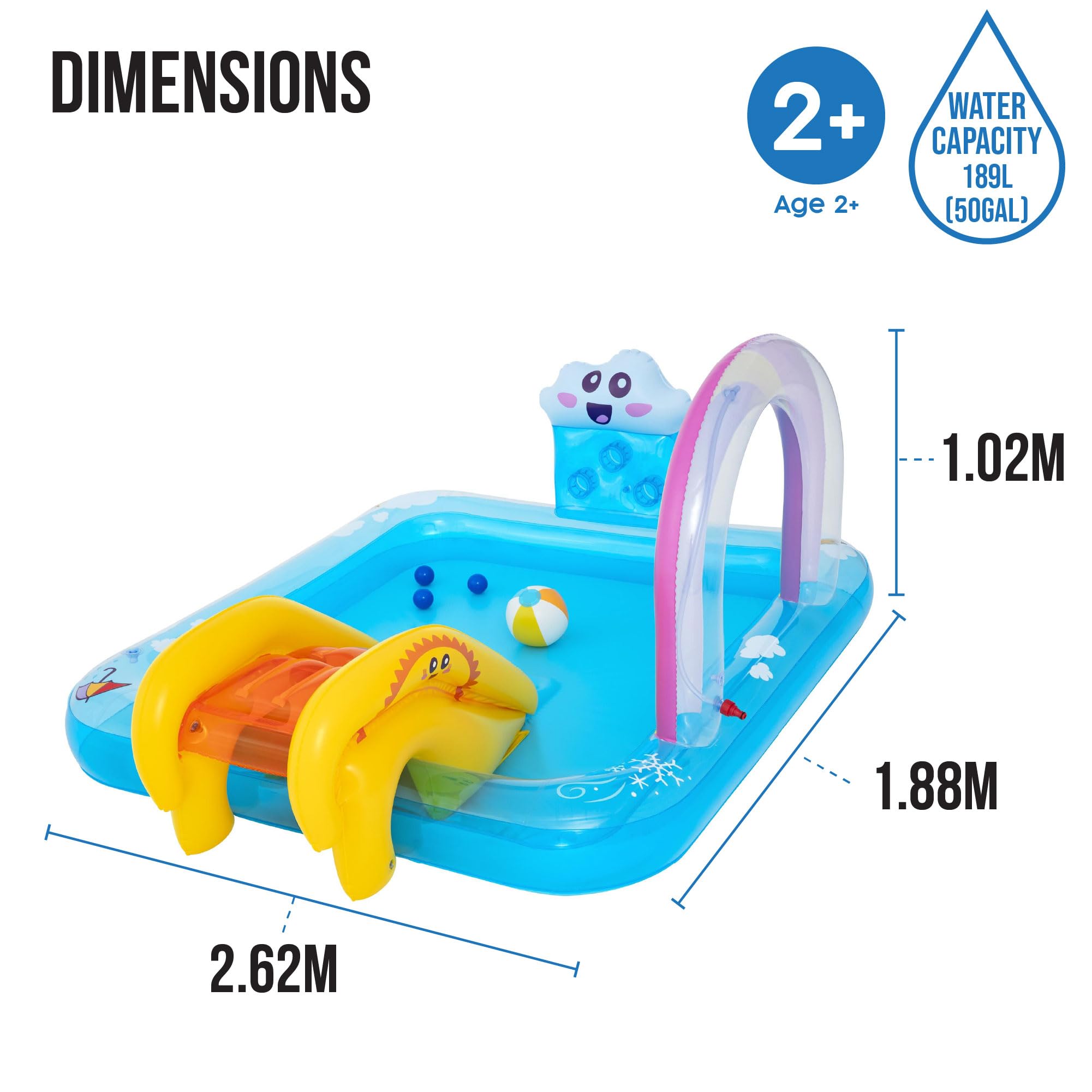 Bestway Wasserspielcenter Regenbogen 188x150x89 cm – Aufblasbarer Kinderpool mit Wasserrutsche & Sprinkler, Planschbecken 189 L, Robustes PVC, ab 2 Jahren, für 3 Kinder Sommer Garten
