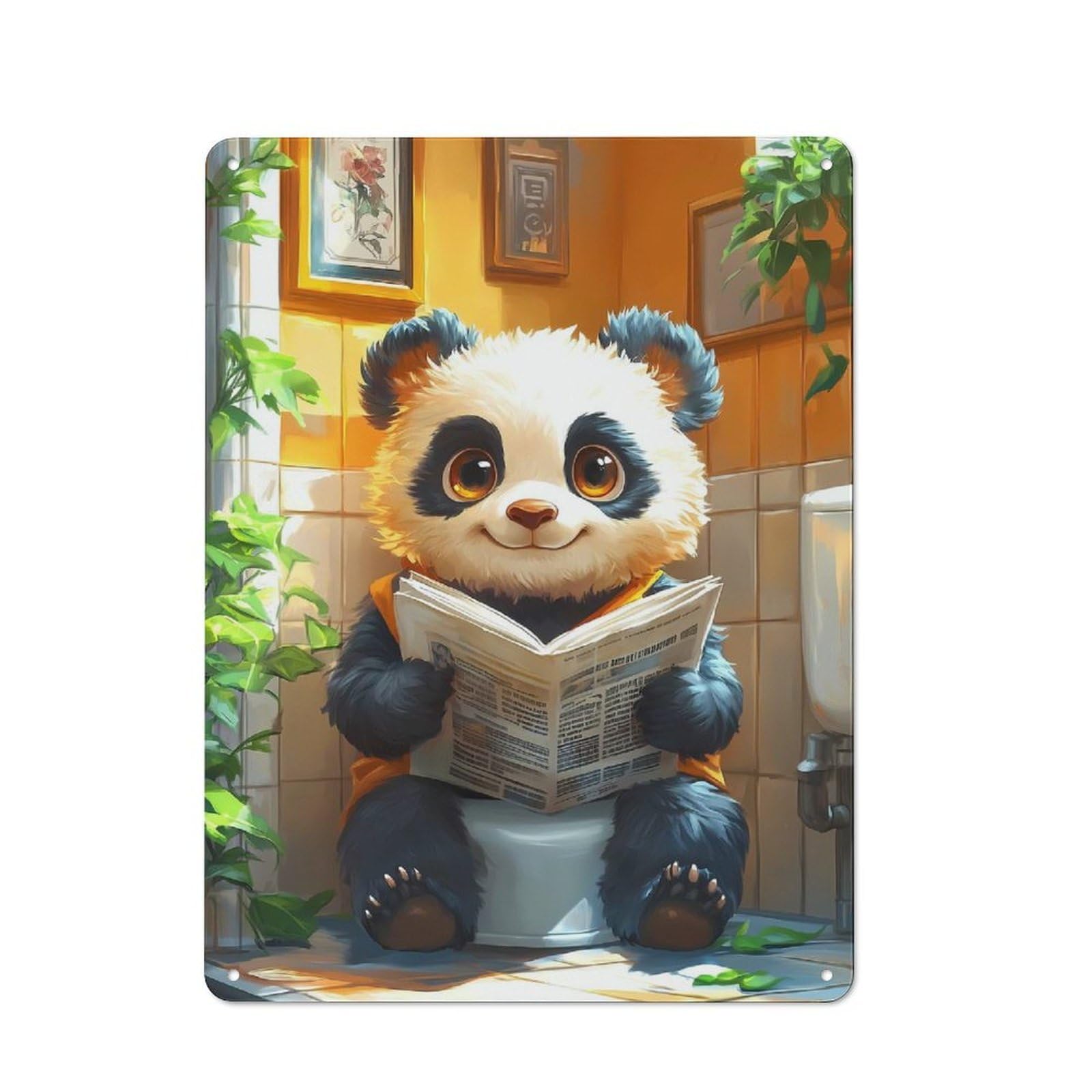 Panda Reading Newspaper on Toilet Vintage Metal Wall Decor 40x30cm, Decorative Metal Plaque for Coffee Bar, Small Shop Or Dining Room