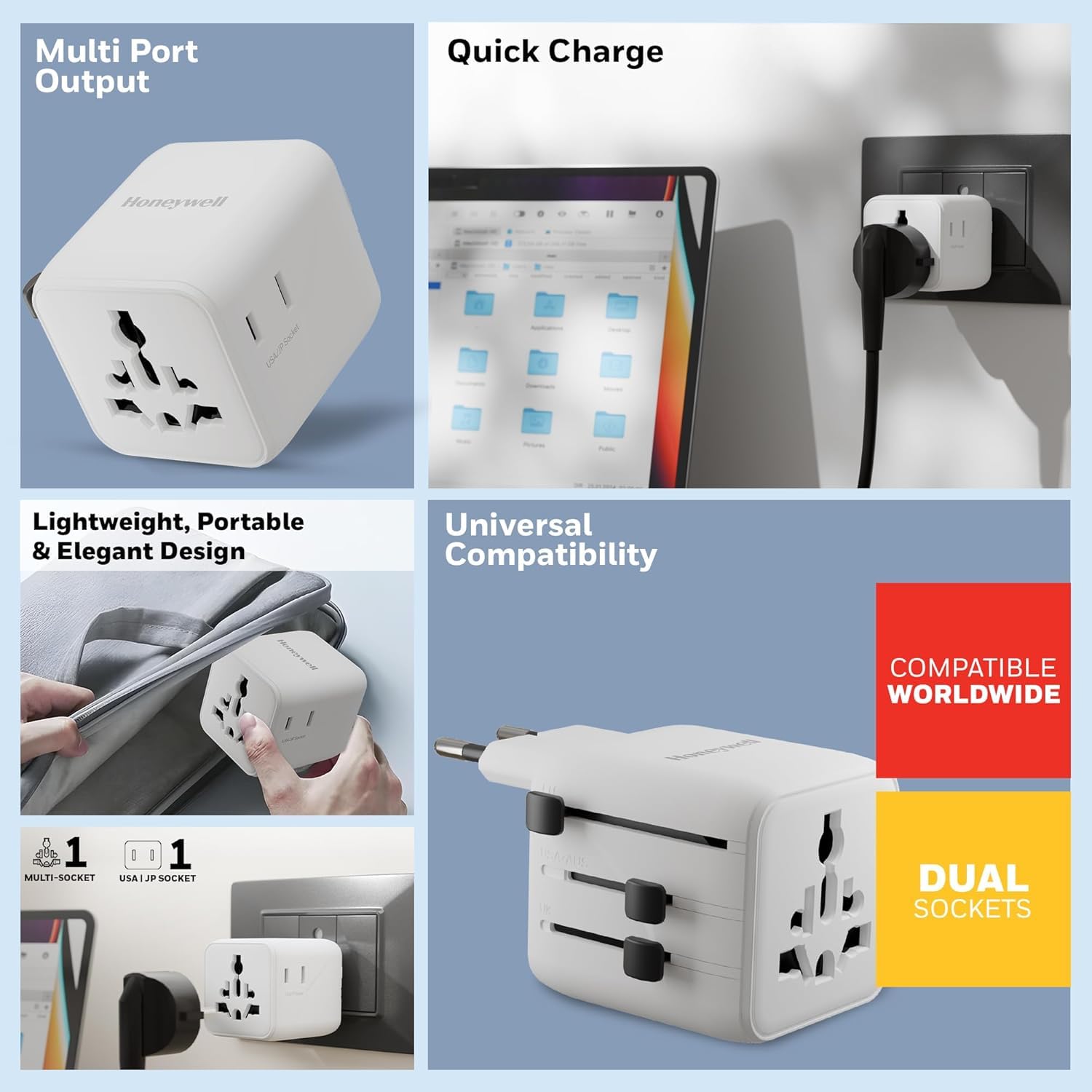 Honeywell New World Travel Adapter, Universal & US Socket, Charge 2 Devices Simultaneously, Worldwide Plug for EU, US, UK & CN/AUS, Overload & Over Voltage Protection, 3 Year Manufacturer Warranty — Amazon image 2