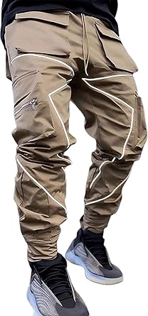 MOKEWEN Mens Reflective Casual Punk Jogger Cargo Pants with Pocket