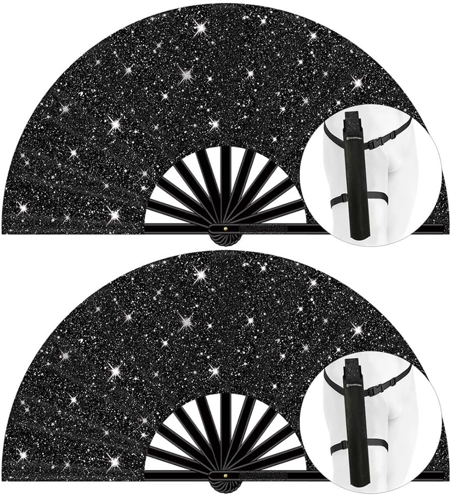 13" Large Folding Rave Fan with Holster, Clack Hand Fans Foldable for Line Dancing, Boots On The Ground Fan for Women Men Festival EDM Party Decoration, Glitter Black 2 Pack