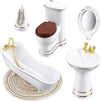 Skylety 6 Pieces 1:12 Dollhouse Bathroom Set Porcelain Miniature Furniture Toys Ceramic Dollhouse Toilet Basin Bathtub Mirror Doll Bathroom Accessories
