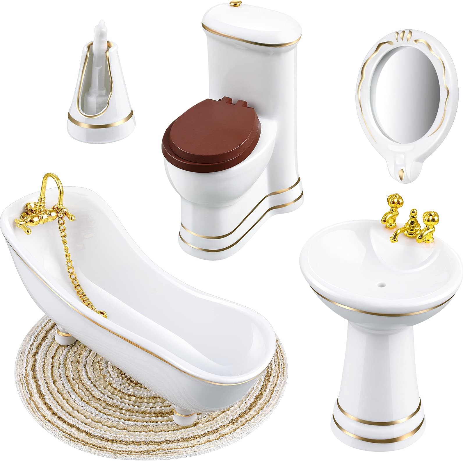 Skylety 6-Piece Porcelain Dollhouse Bathroom Set - Miniature Furniture Toys with Bathtub, Toilet, Mirror & Accessories
