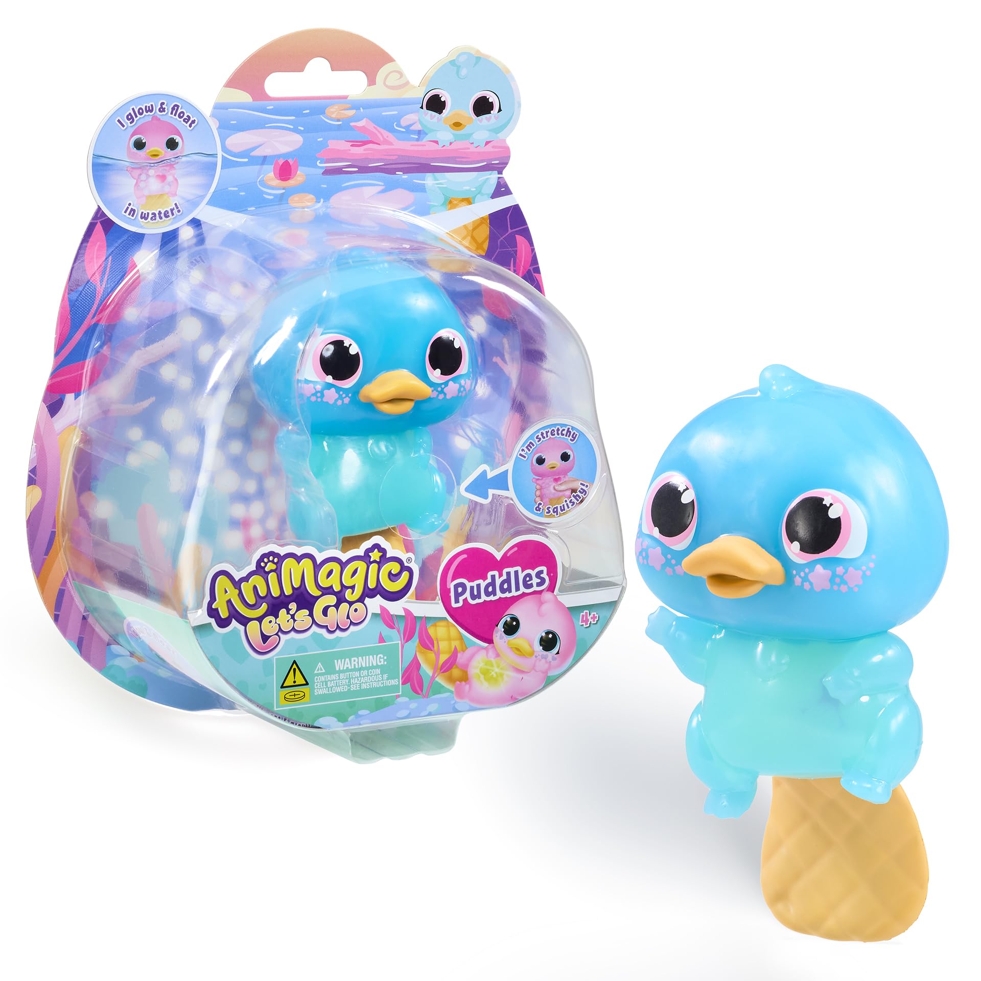 Animagic Let's Glo Platypus - Blue | Your Stretchy, Squishy, Light-Up Best Friend | Glows & Floats in Water! | Interactive Electronic Pet | For Kids Ages 4+