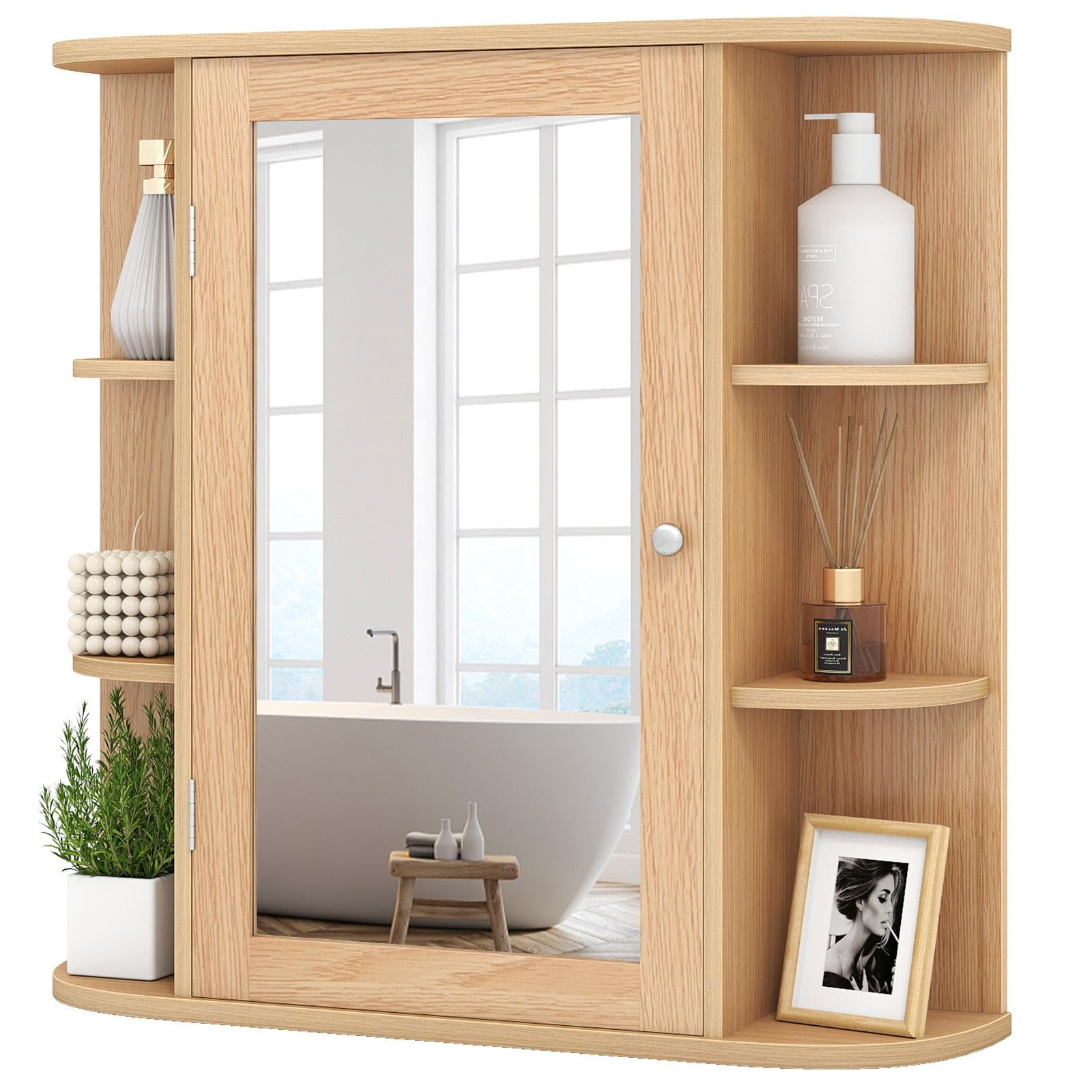 CASART Bathroom Mirror Cabinet, Wall Mounted Storage Cupboard with Single Door and Adjustable Shelves, Wooden Medicine Cabinet Display Organizer Unit for Kitchen Living Room (Natural, 65 x 17 x 64cm) — image 1