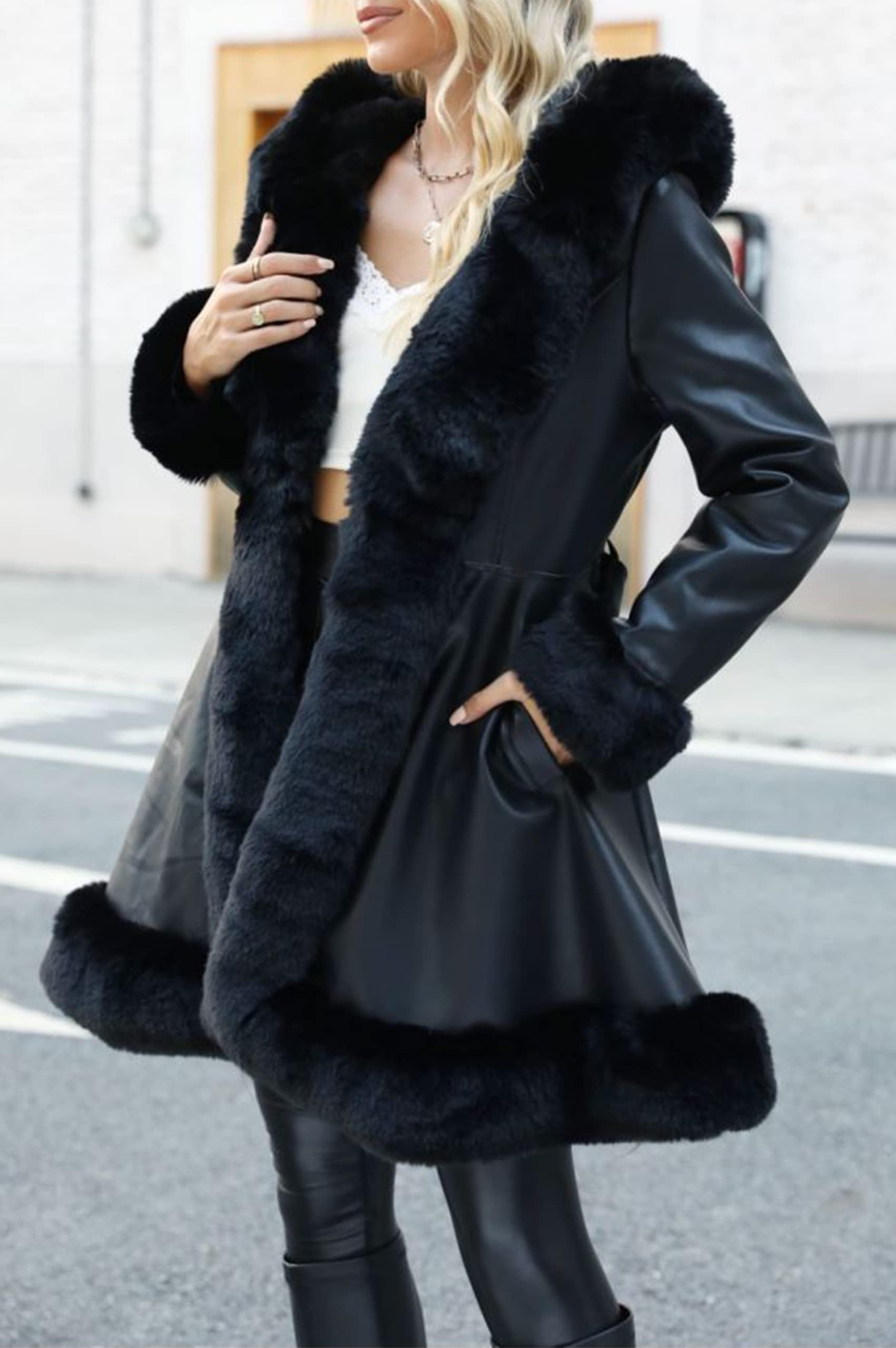 Giolshon Manteau Longue en Similicuir et Mélange de Fausse Laine pour Femme Robe en Molleton à Ceinture Parka Chaude D'hiver en Sherpa