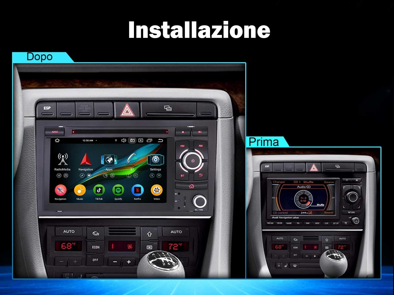 Erisin Android 16 Autoradio Bluetooth per Audi A4 S4 RS4 8E B9 B7 Seat Exeo | 8-Core 4GB+64GB 7" IPS Schermo tattile Supporto CD DVD GPS Navigatore Wireless CarPlay Android Auto WiFi DAB+ DSP Canbus SWC