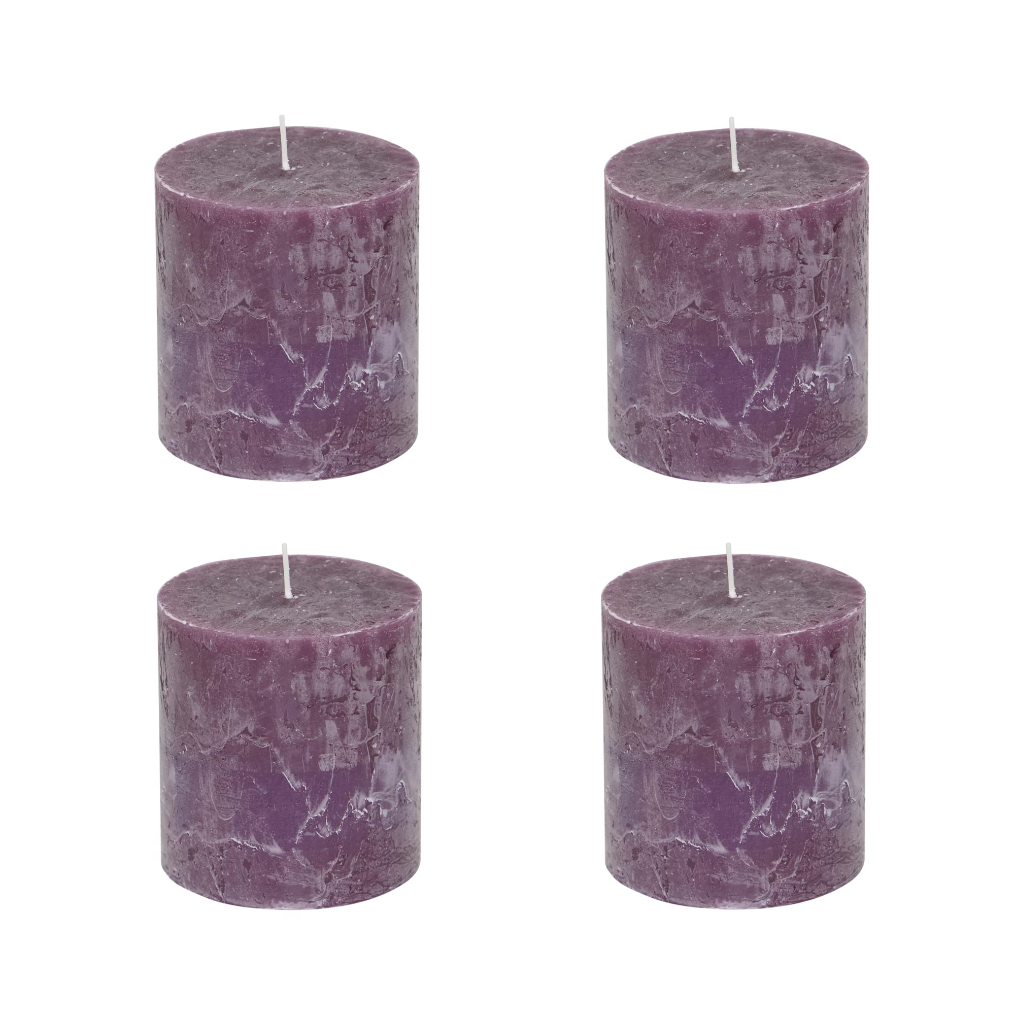 Stumpenkerzen Rustic 4er Set - Stumpenkerze, Blockkerze, Kerze, Adventskranz, Advent - Kein Ruß - Brenndauer: 75 Std. - viele Farben - 10x10 cm (Aubergine)