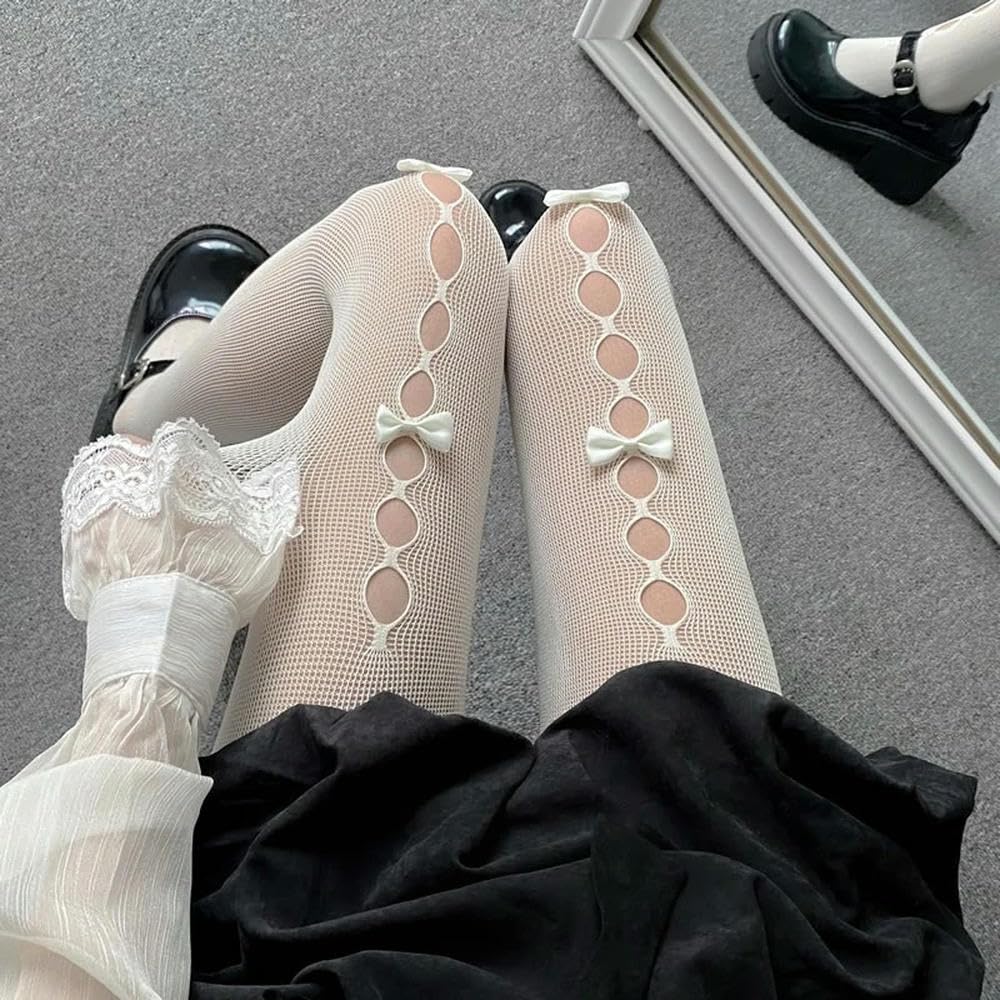 MEIFULLE Japanese Sweet Lolita Tights Women Kawaii White Bow Panty Socks Female JK Style Black Sexy Fishnets Stockings Thigh High Socks
