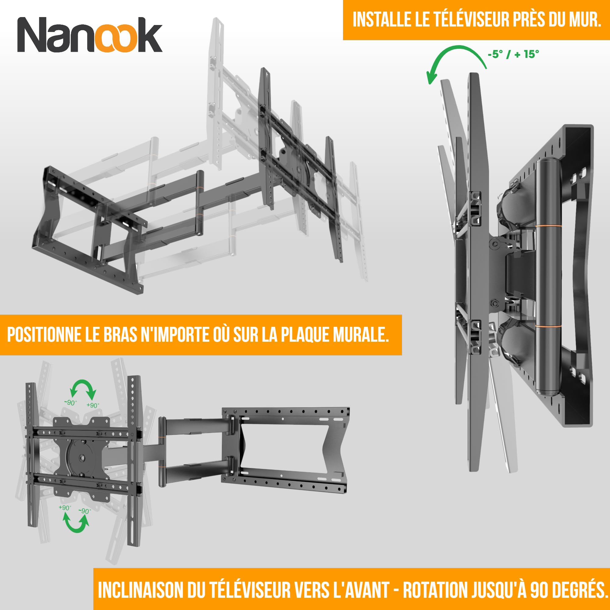 Nanook Support Mural TV 2120 à Bras Long pour téléviseurs 42-75 Pouces, Extension Extra Longue jusqu'à 120 cm, Support TV Robuste orientable - Noir - 40 kg