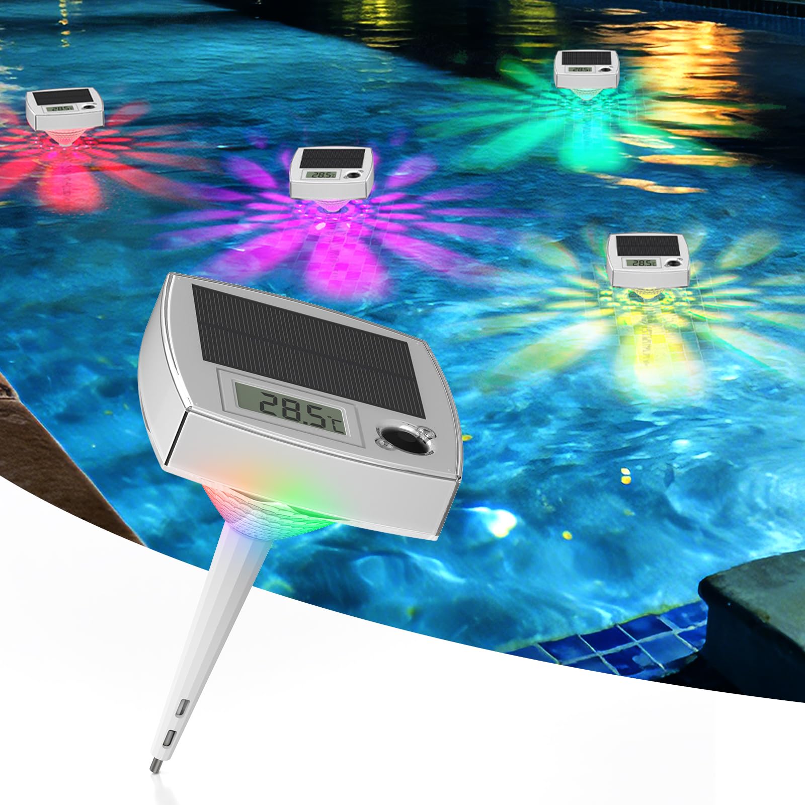 Termometro per Piscina Solare con Luci LED RGB 2 in 1 Termometro Acqua con Display LCD 7 Colori + 3 Intensità Luce IP68 Impermeabile per Piscina Fuori Terra Idromassaggio Spa Vasca