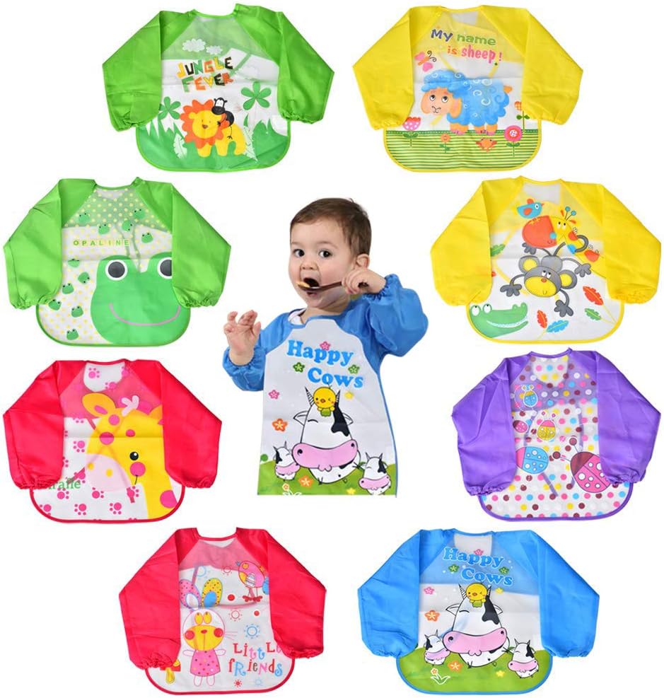 CozywindSleeve Bibs Cute Cartoon Baby Waterproof Bib Three-Dimensional No-Wash Baby Feeding Bib Unisex Baby Bib 6 months-3 Years Old，Set of 8