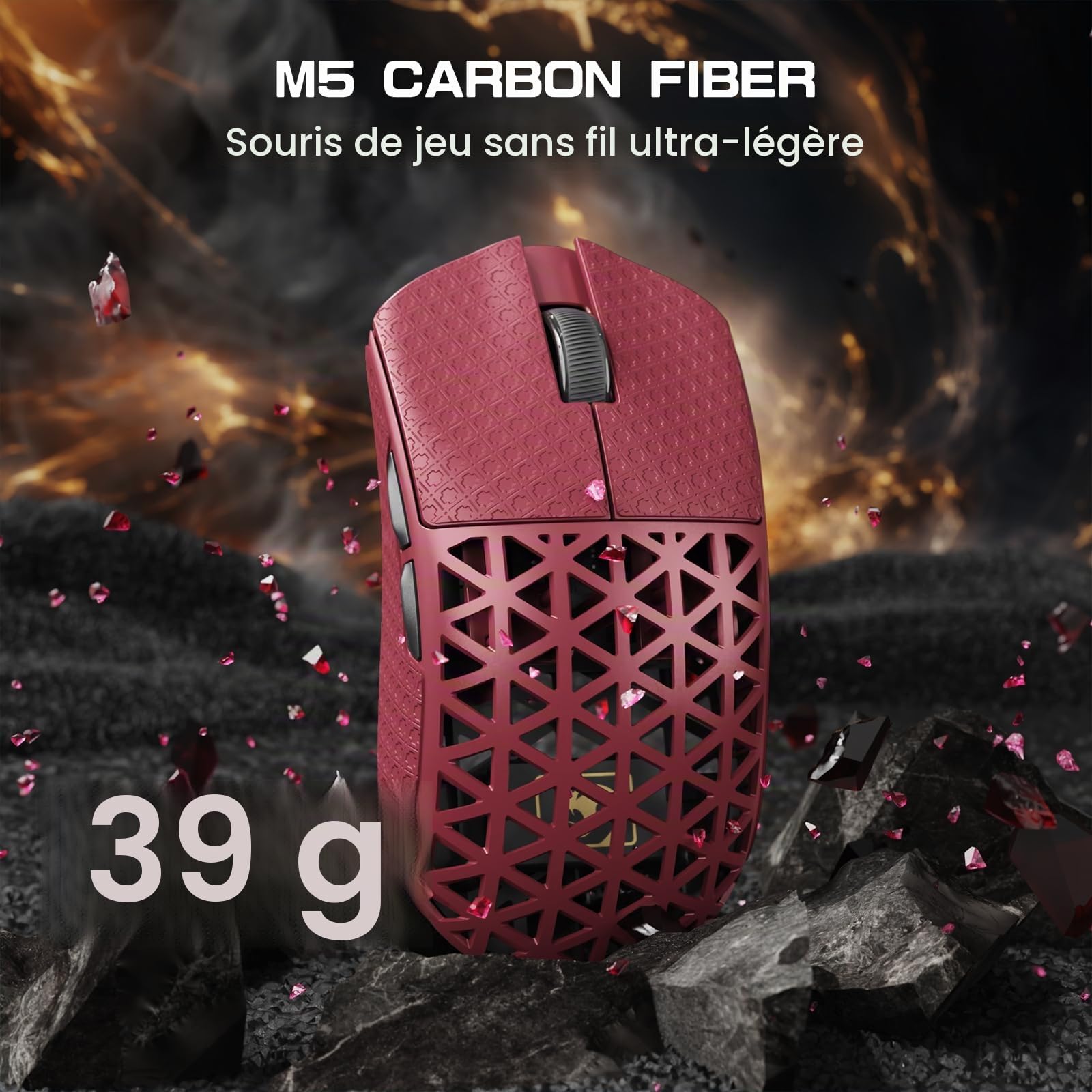MAMBASNAKE M5 Ultra Souris de Jeu sans Fil en Fibre de Carbone 8000Hz, Jusqu'à 42 000 DPI, Capteur PAW3950 Max, Ultra-légère de 39g, Puce Nordic 52840, 2,4GHz/BT/Filaire, pour PC/Xbox/Mac - Rouge