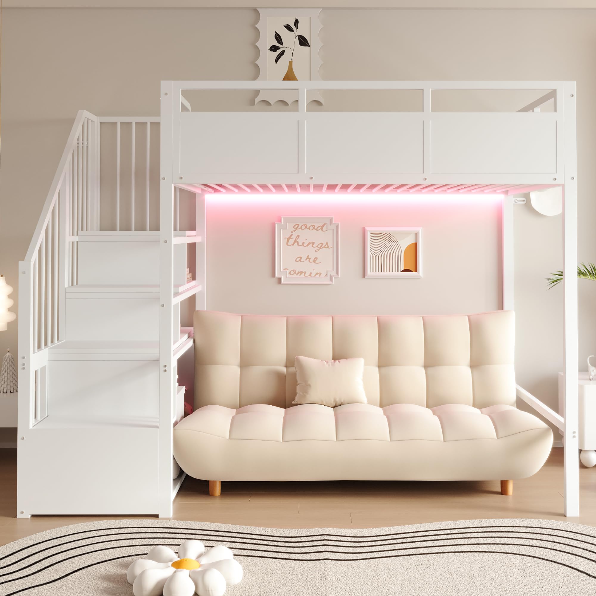 Cama alta de metal 90 x 200 con escalera intercambiable y almacenamiento de ropa