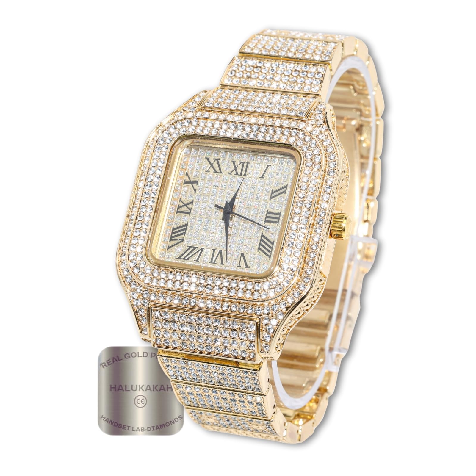 Halukakah Men’s Watch - The King - 18K Gold/Platinum Plated, 40MM Square Dial, Iced Out Wristband, with Cuban Link Chain Necklace and Bracelet Set Optional, Comes in Giftbox