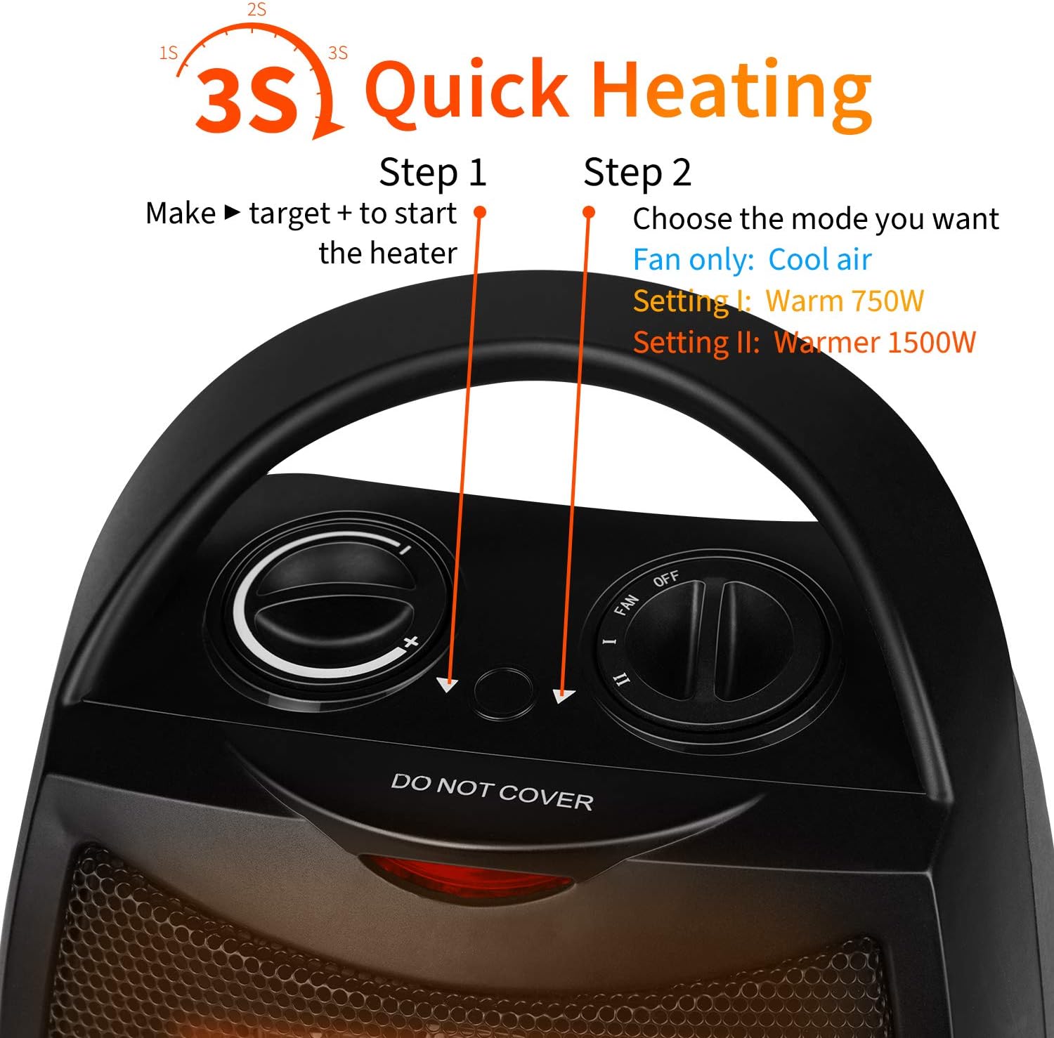 Portable Space Heater, Ceramic Electric Heater with Thermostat Overheat Protection and Tip Over Protection, 1500W/750W Personal Heater with Carrying Handle for Home Office Room