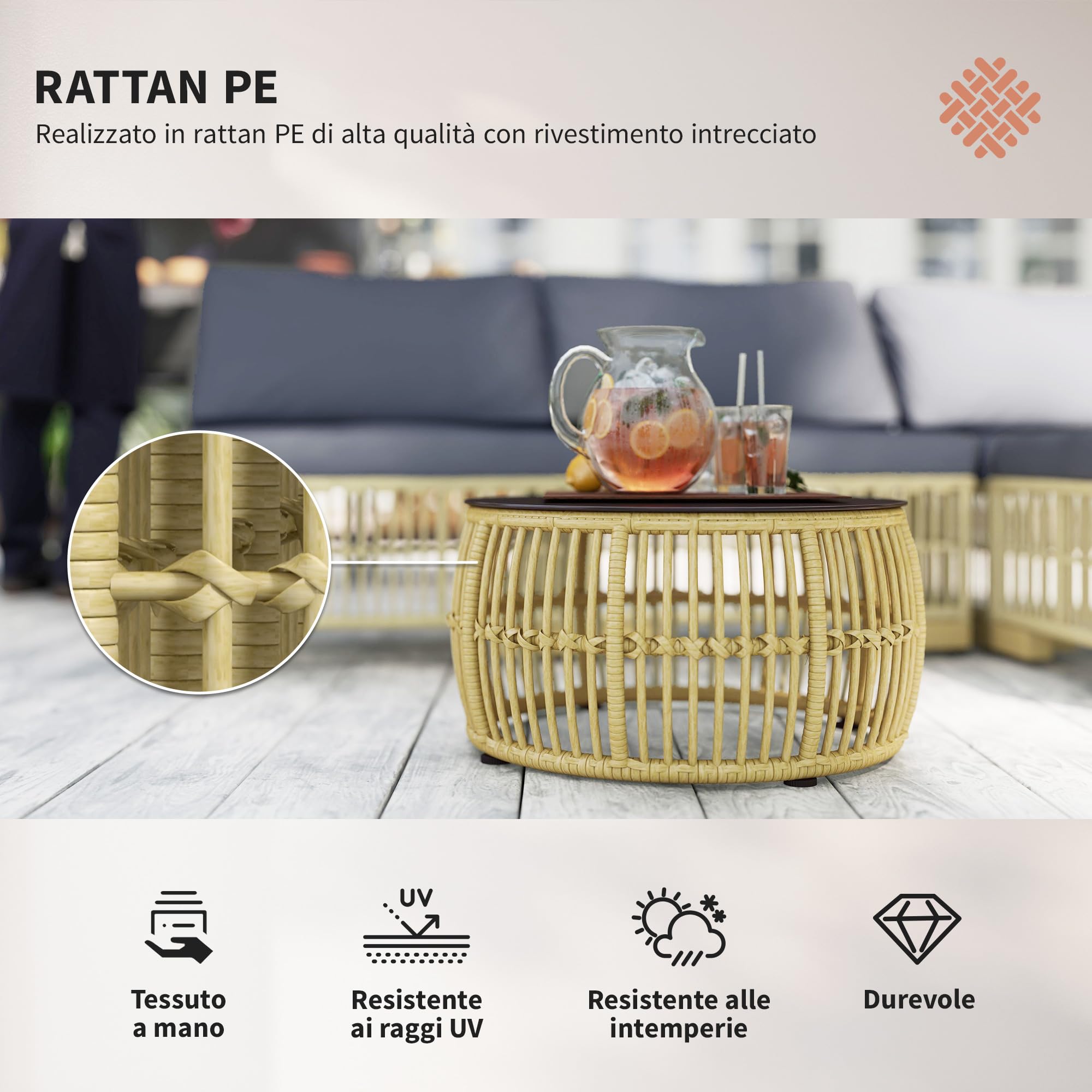 Outsunny Salotto in Rattan per Esterno da 5 Pezzi, Salottino da Giardino con Divano Modulabile, Cuscini e Tavolino da Caffè con Vetro, Grigio
