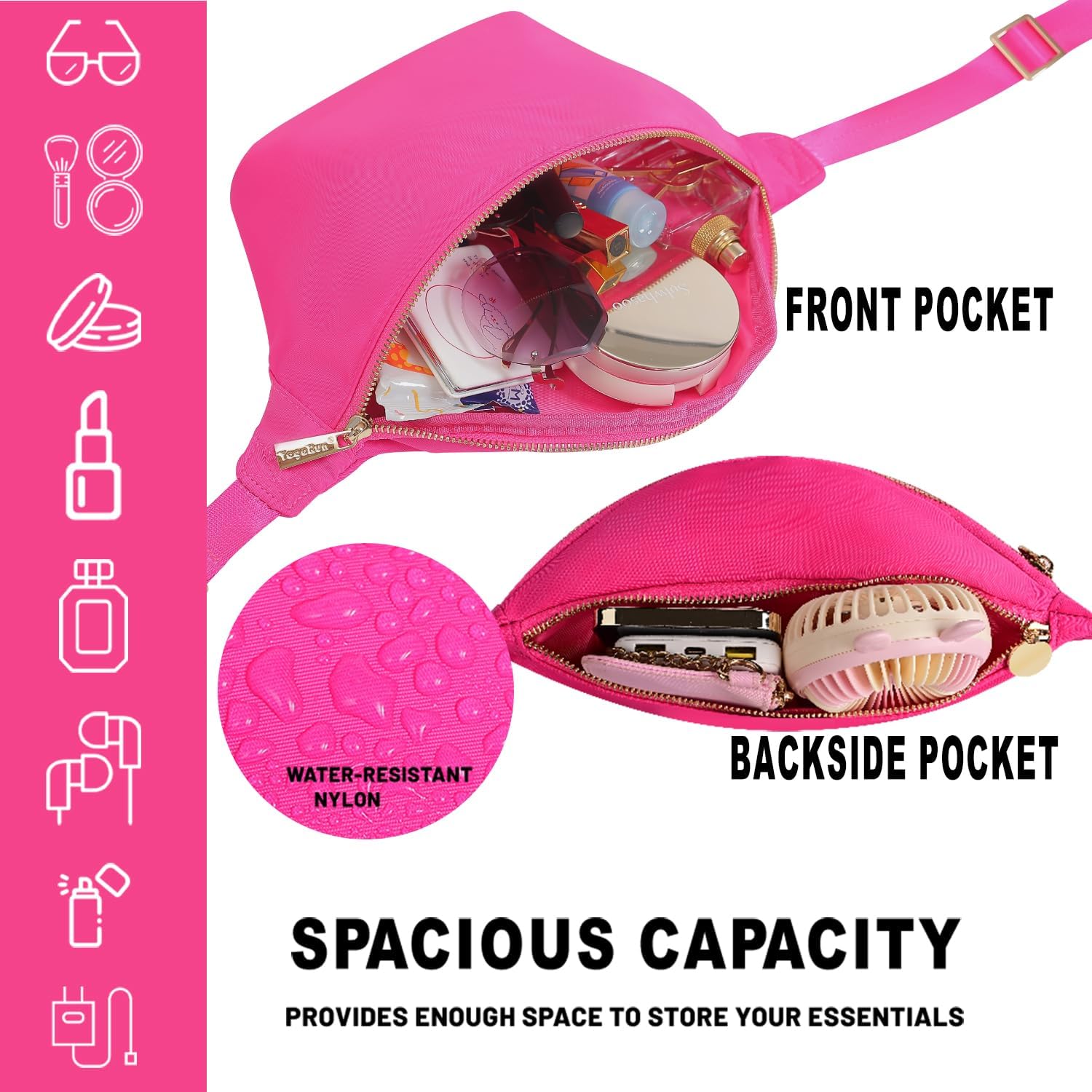 Waist Fanny Pack Women Belt Bag Nylon Travel Crossbody Sling Bag (HotPink) - Image 4