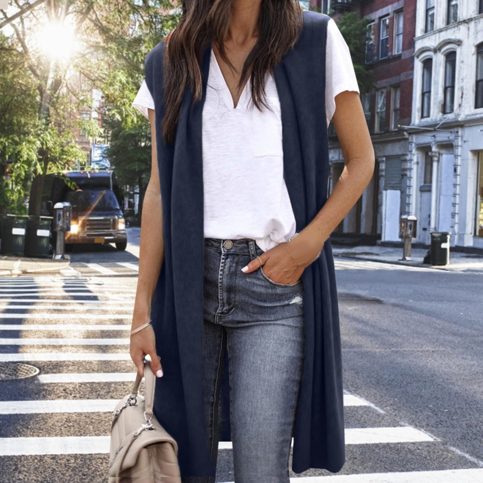 Chaqueta de punto para mujer de un solo color con frente abierto, chaleco de punto largo elástico, chaleco informal sin mangas, elegante, fino, sin mangas, abrigo de punto, cárdigan de punto monocolor