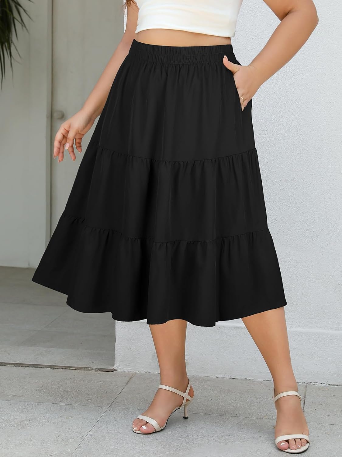 Women's Plus Size Casual Summer Midi Skirt with Pockets 1X-4X Tiered Lightweight A-line Skirts - Image 6