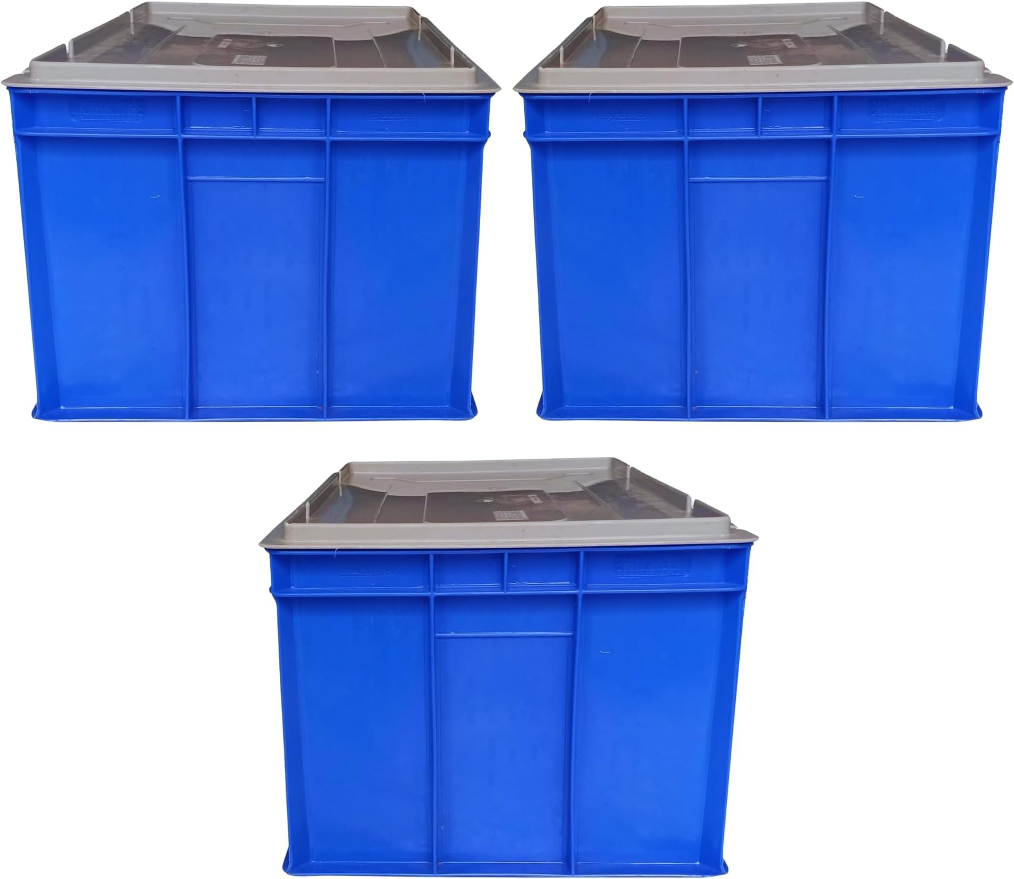 SINGHAL Plastic Crate 600x400x275 MM with Lid - Pack of 3, Multipurpose Heavy Duty Big Blue Portable Crates for storage | Shelf Basket for Large Storage Bin | Vegetable, Fruit, Milk