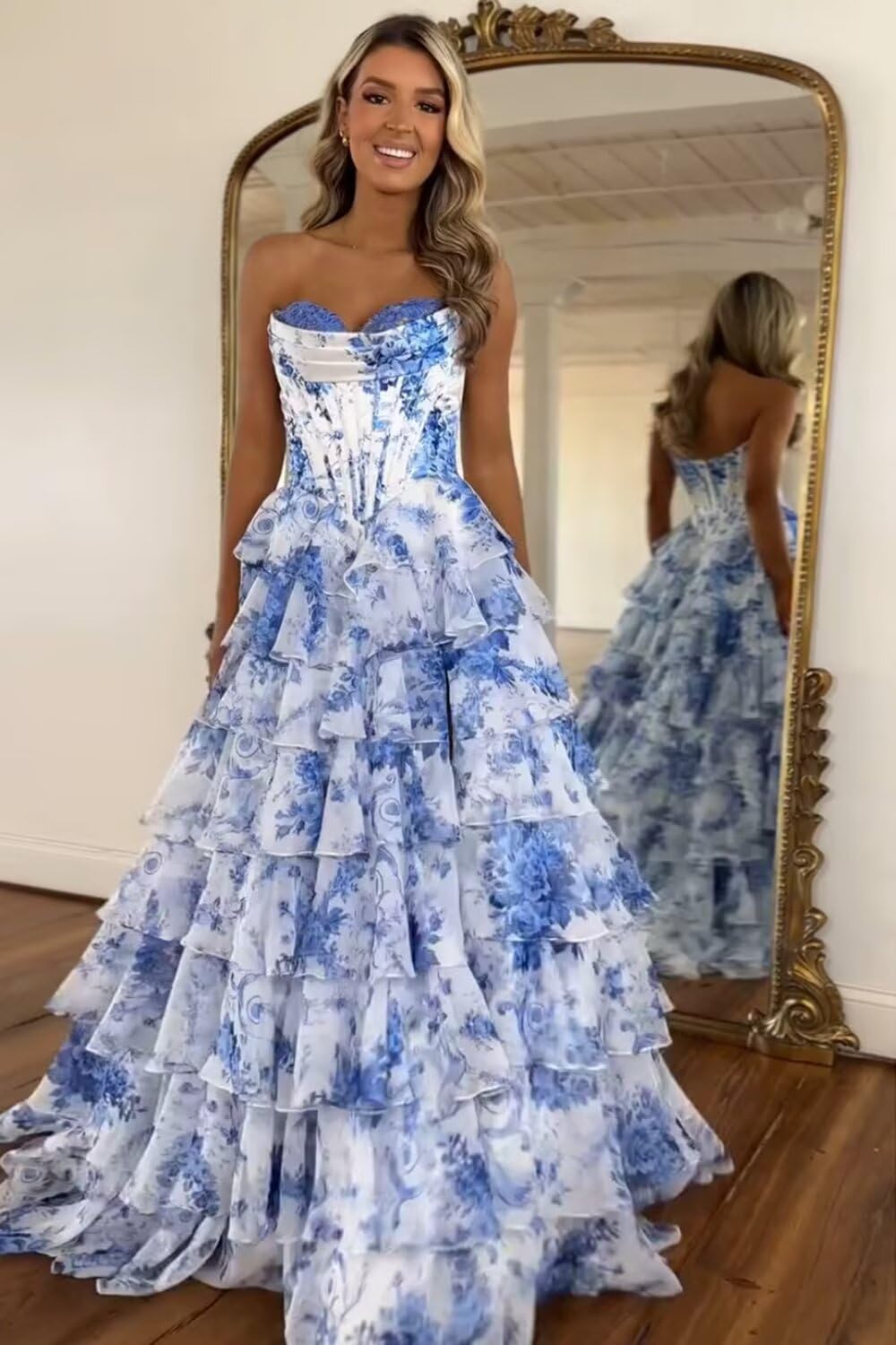 Floral Prom Dresses for Women Tiered Chiffon A Line Sweetheart Prom Dress with Slit LW017