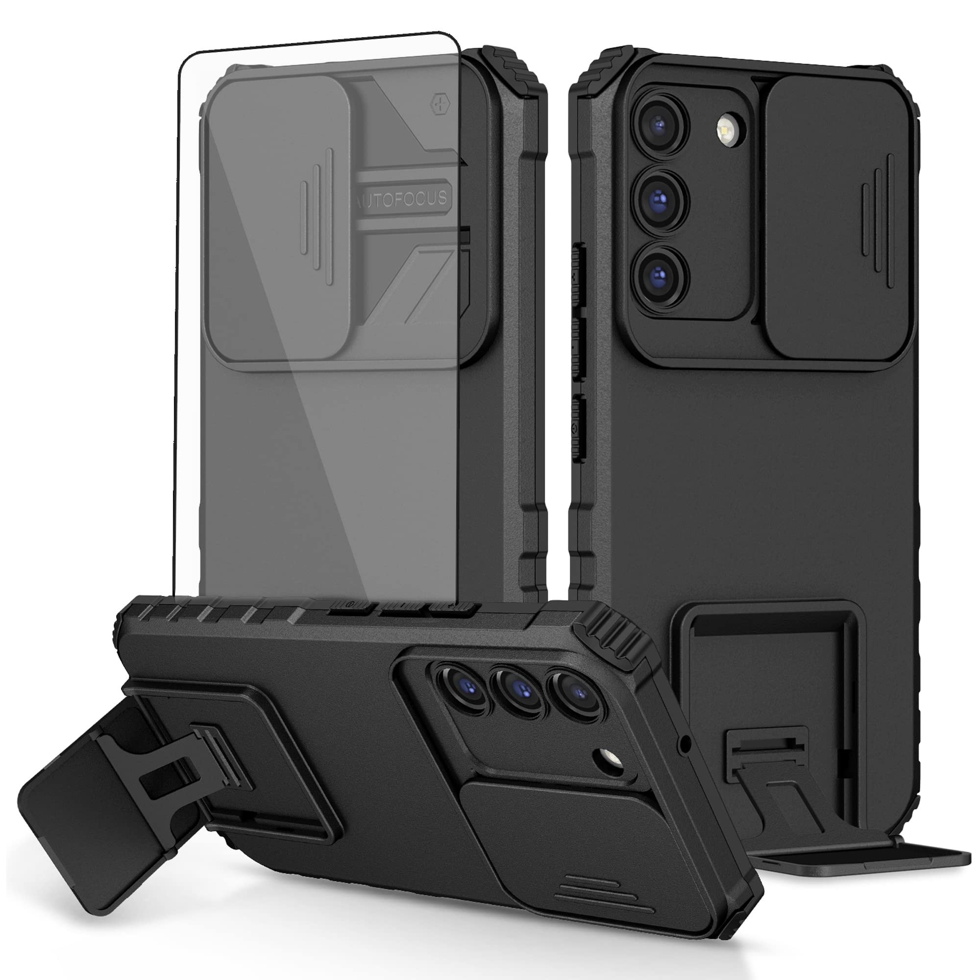 Asuwish Phone Case for Samsung Galaxy S22 5G with Tempered Glass Screen Protector and Slide Camera Cover Kickstand Stand Slim Protective Mobile Hard