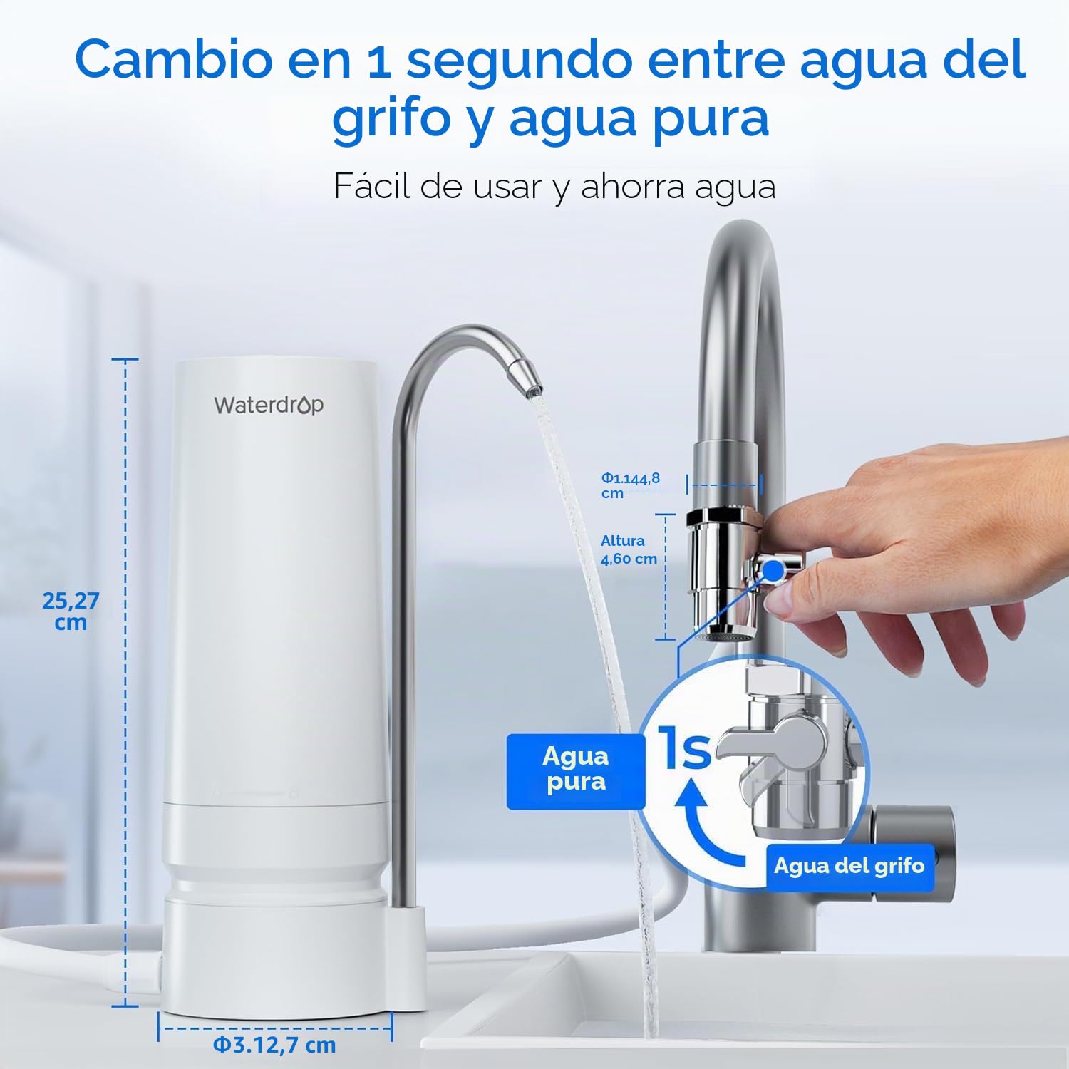 [Ultra Filtration] Waterdrop Filtro de Agua de Encimera, Recordatorio de la Vida Útil del Filtro, 4000 Galones, Reduce los Metales Pesados, el Mal Olor y el 99% de Cloro (1 Filtro Incluido) WD-CTF-07
