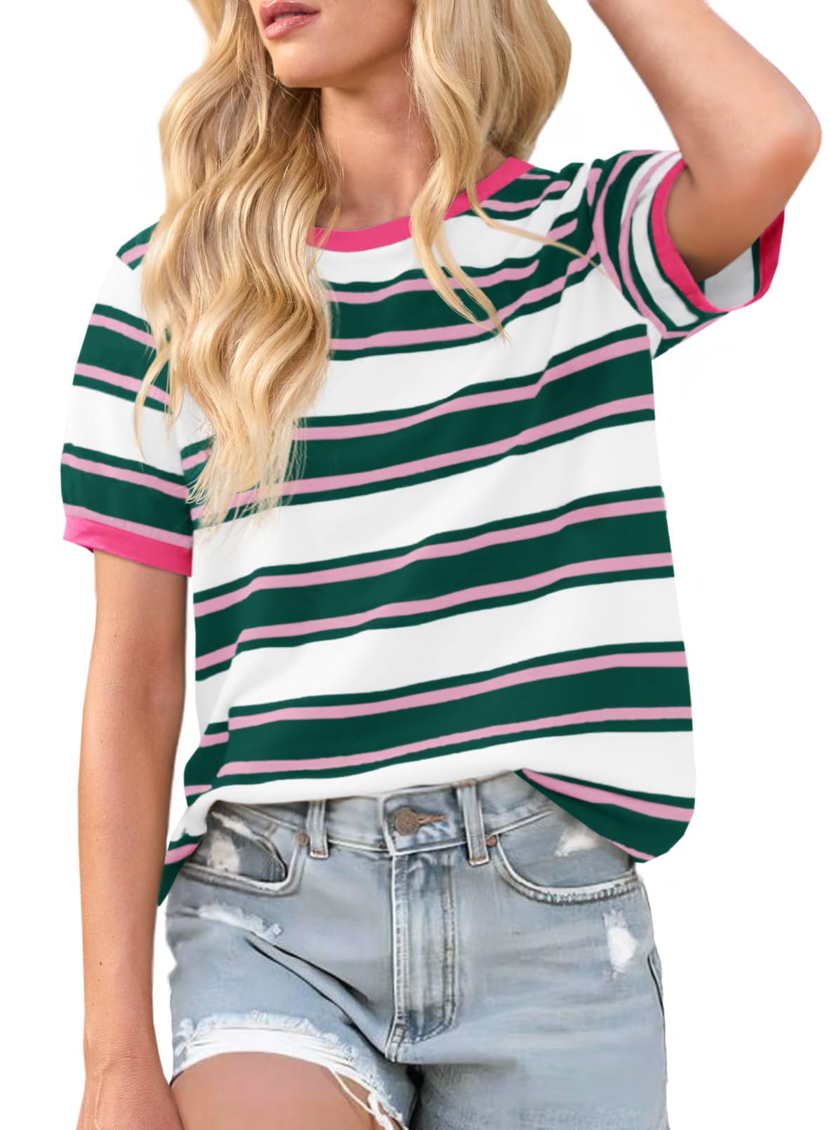 Imily Bela Womens Summer Tops 2025 Striped Color Block Short Puff Sleeve T Shirt Casual Crewneck Loose Basic Tee