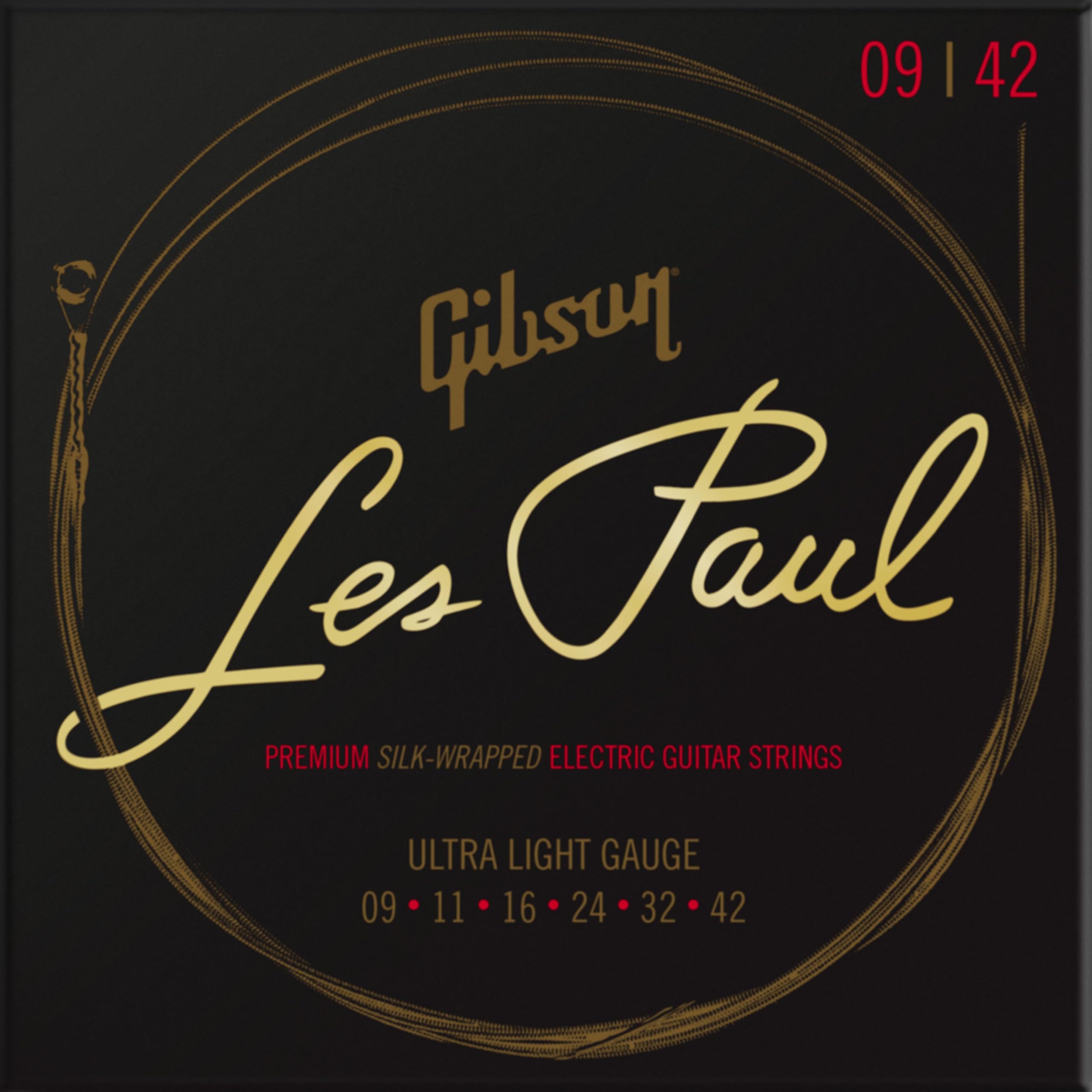 GIBSON ACCESSORIES Cuerdas Les Paul Premium Electric Ultra-Light 09-11-16-24-32-42, para guitarra eléctrica (SEG-LES9)