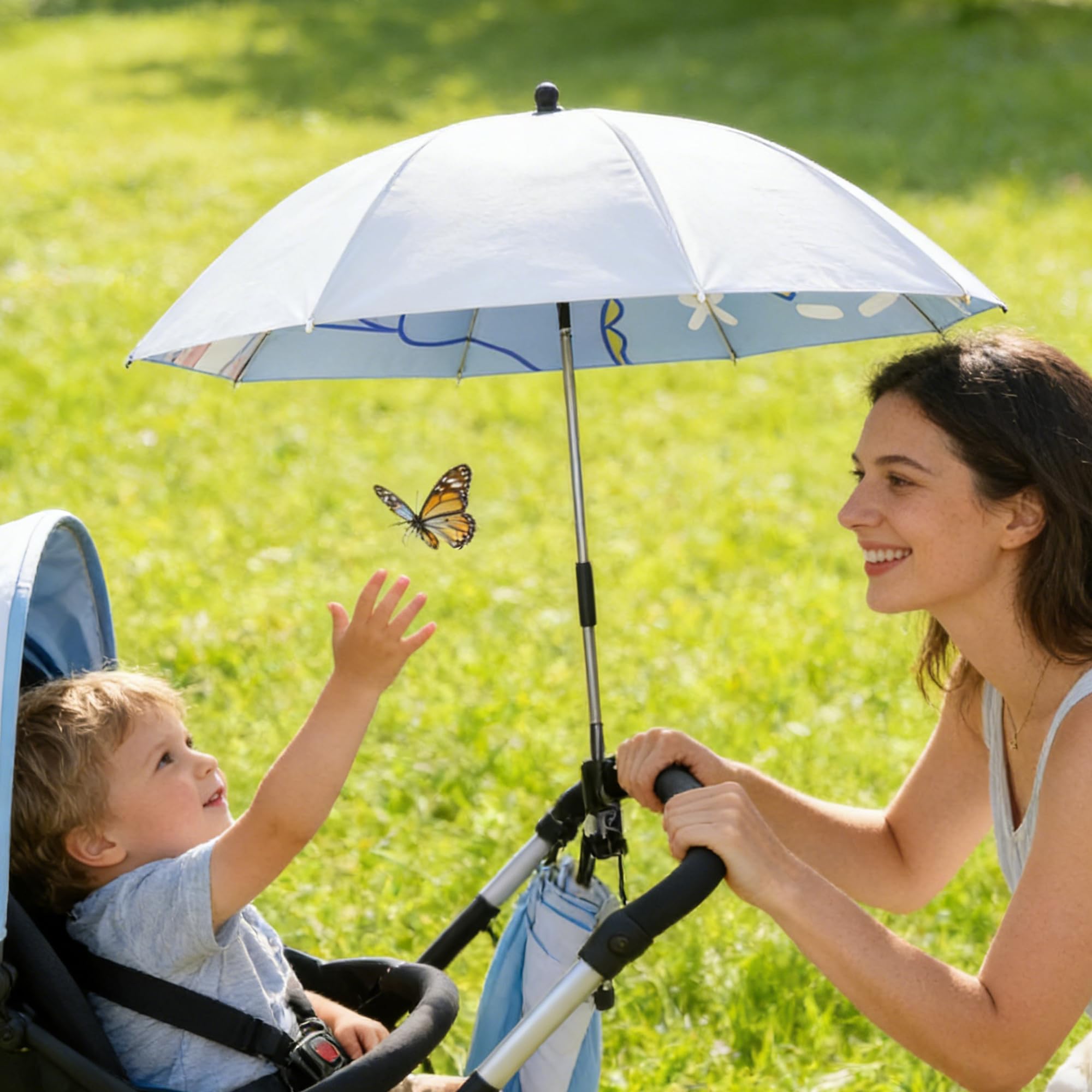 Universal Sonnenschirm Sonnenschutz UPF 50+, Kinderwagen-Sonnenschirm, 85 cm Durchmesser mit Einem Regenschirmgriff, Universal Parasol fürKinderwagen, Kinderwagen(Blauer Dinosaurier)